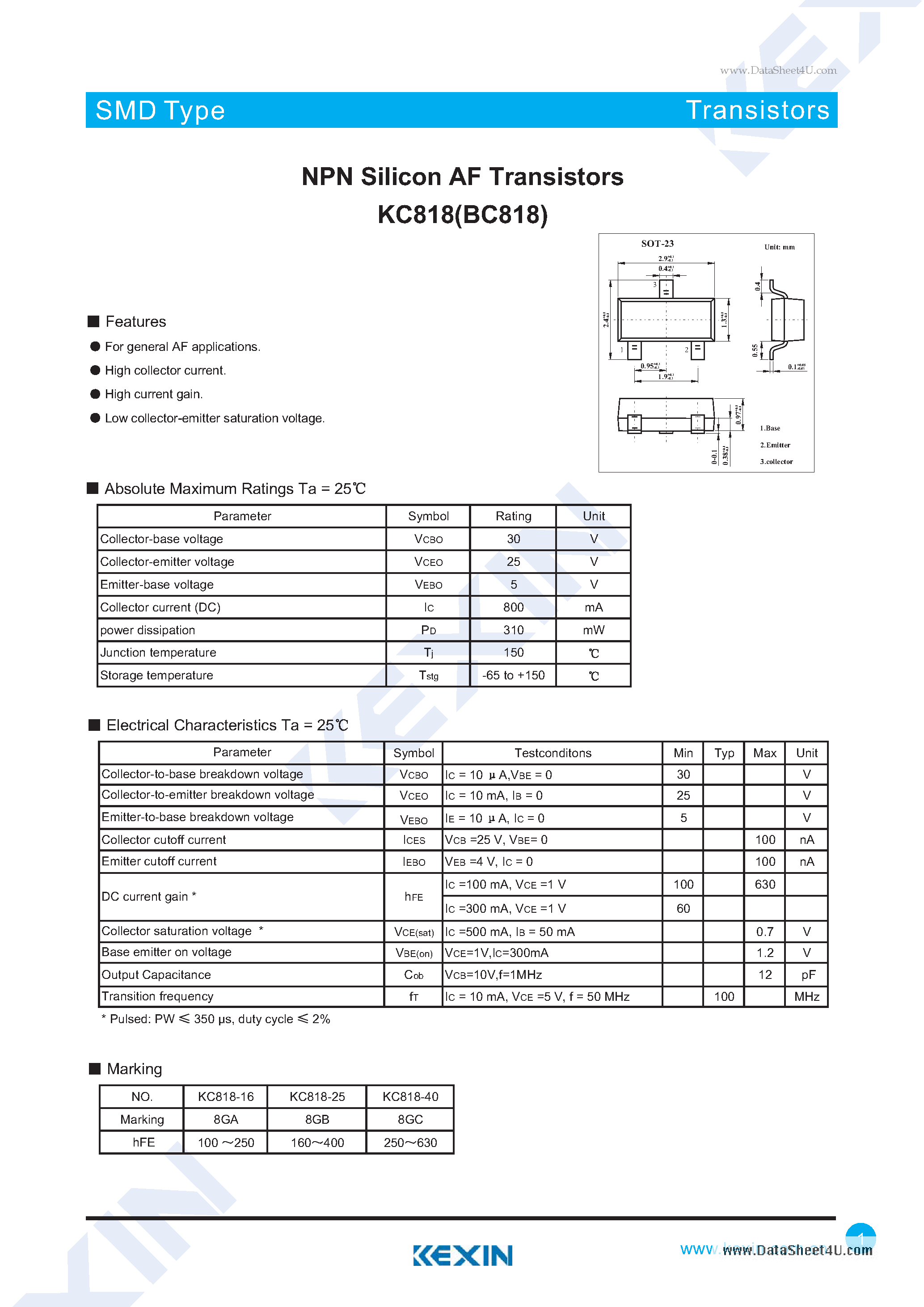 Даташит на микросхему KC818 страница 1 Даташит KC818 - NPN Silicon AF Transistors страница 1