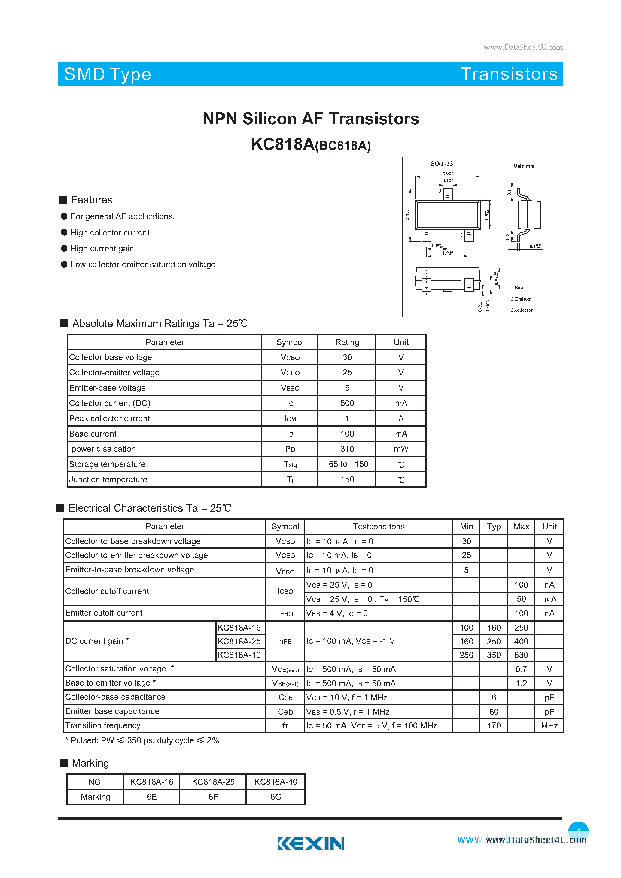 Даташит KC818A - NPN Silicon AF Transistors страница 1