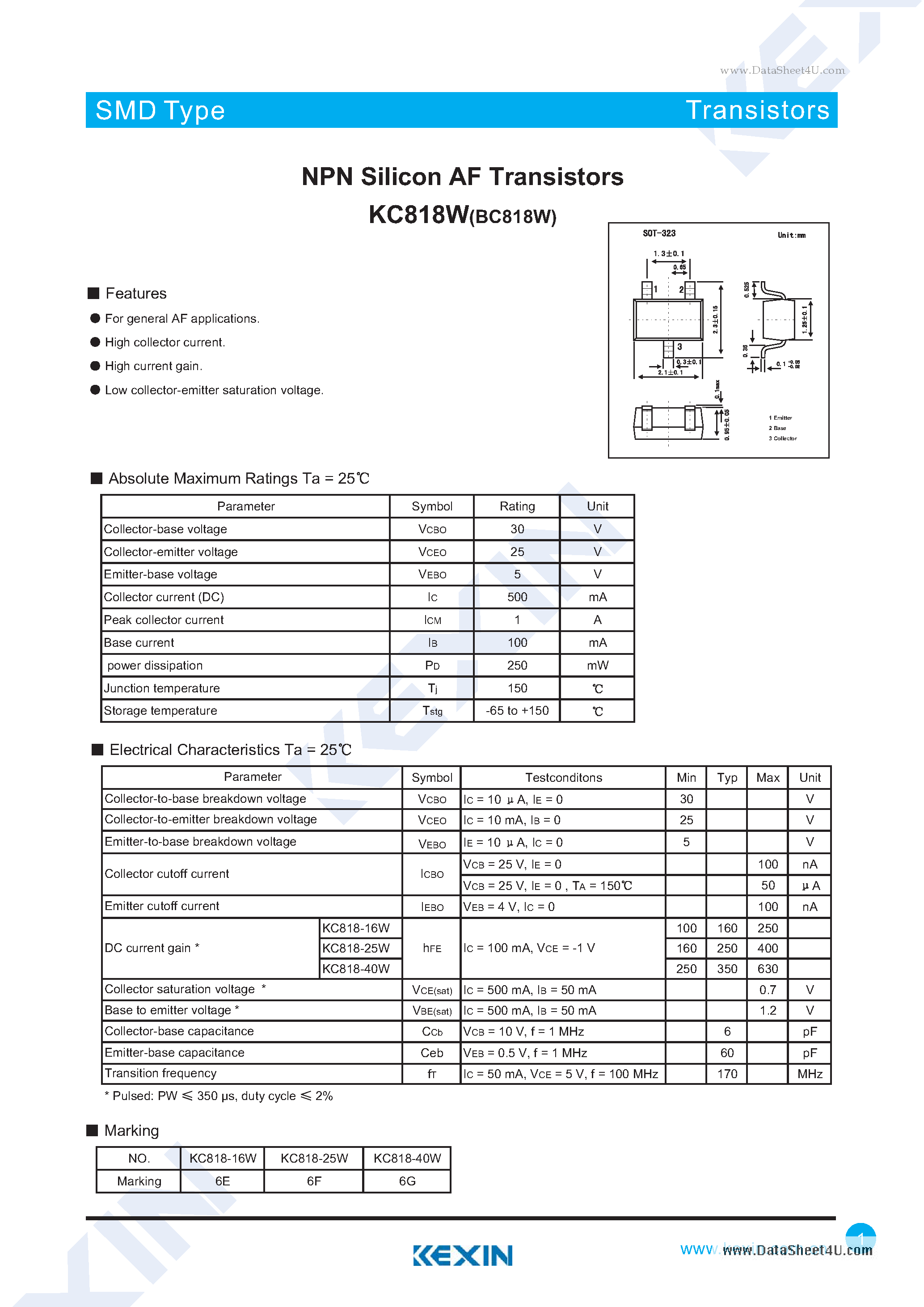 Даташит на микросхему KC818W страница 1 Даташит KC818W - NPN Silicon AF Transistors страница 1