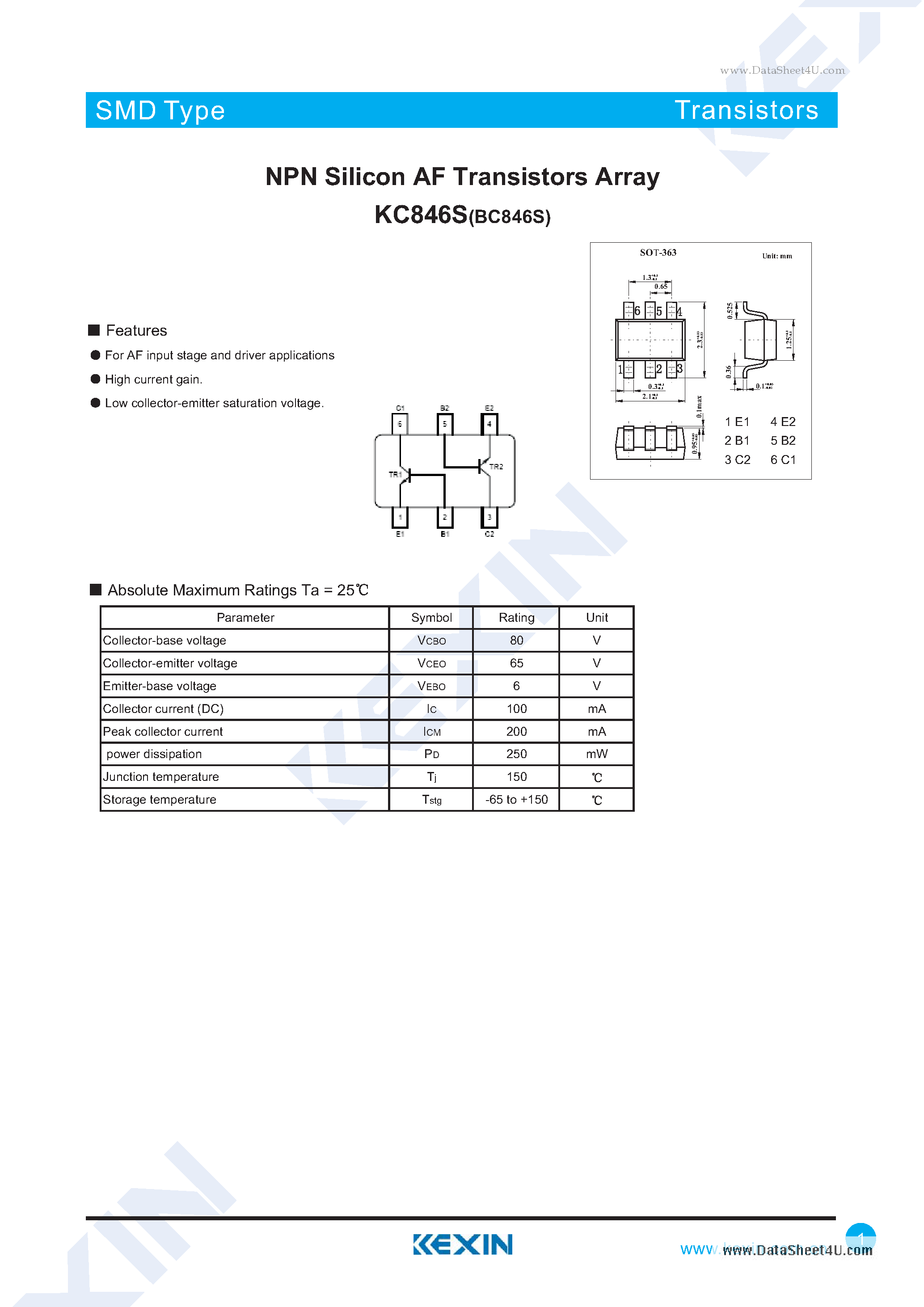 Даташит на микросхему KC846S страница 1 Даташит KC846S - NPN Silicon AF Transistors Array страница 1