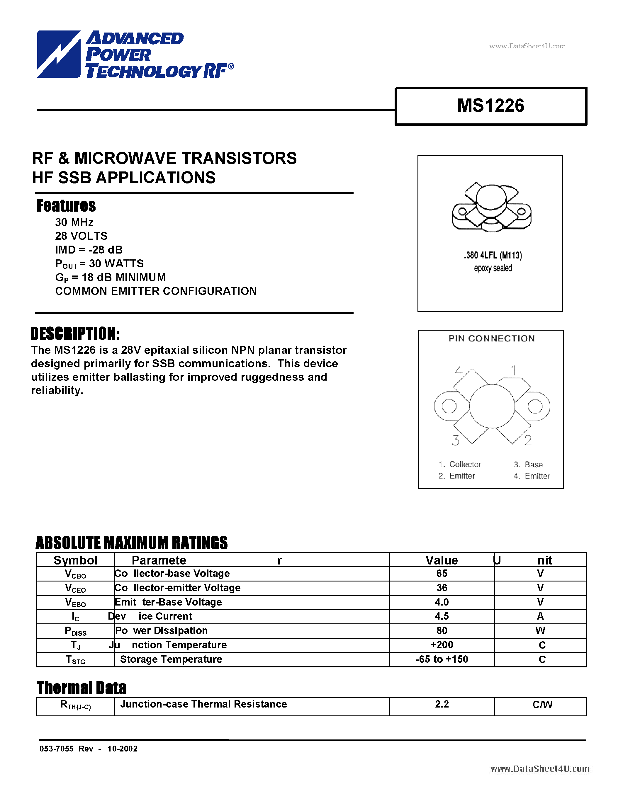 Datasheet MS1226 - RF & MICROWAVE TRANSISTORS HF SSB APPLICATIONS page 1