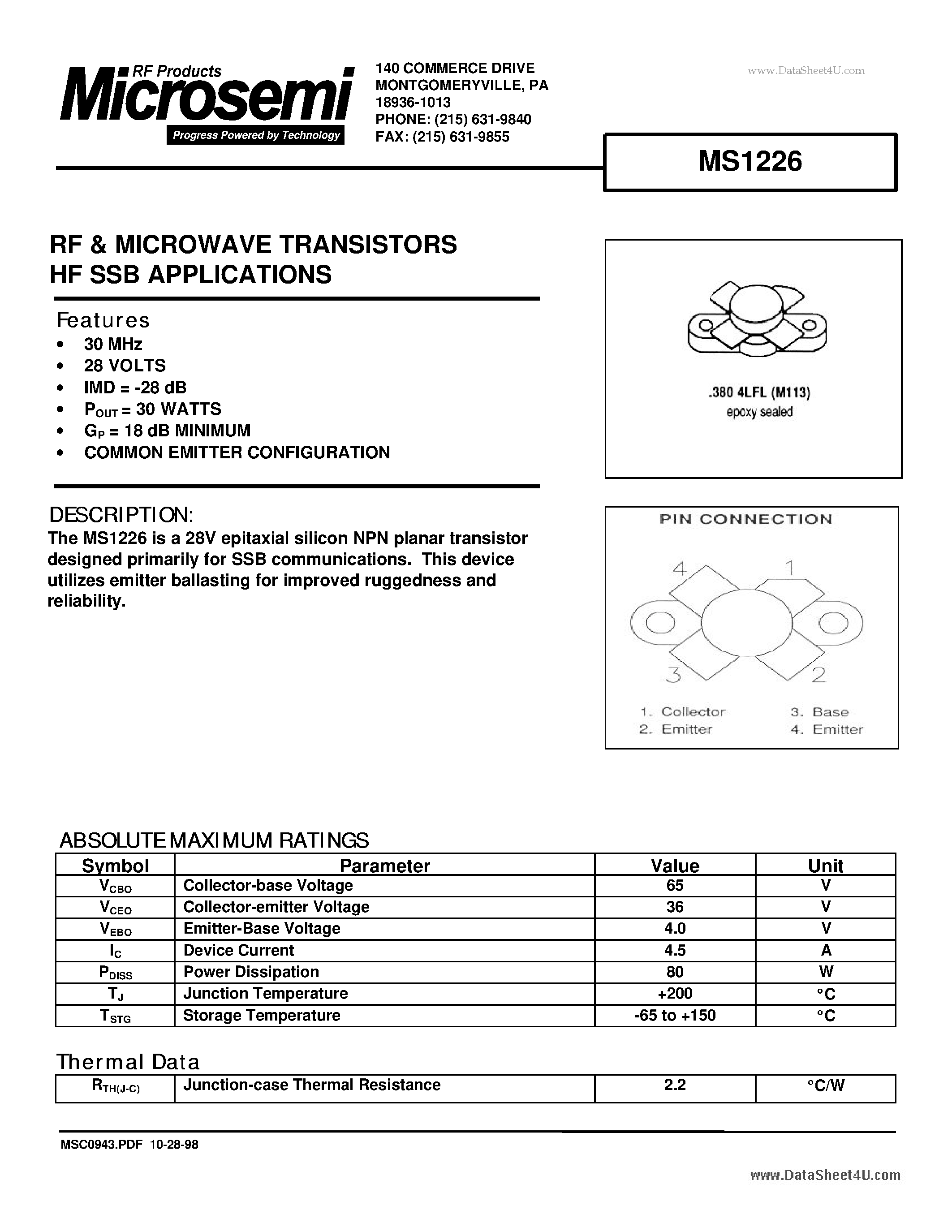 Datasheet MS1226 - RF & MICROWAVE TRANSISTORS HF SSB APPLICATIONS page 1