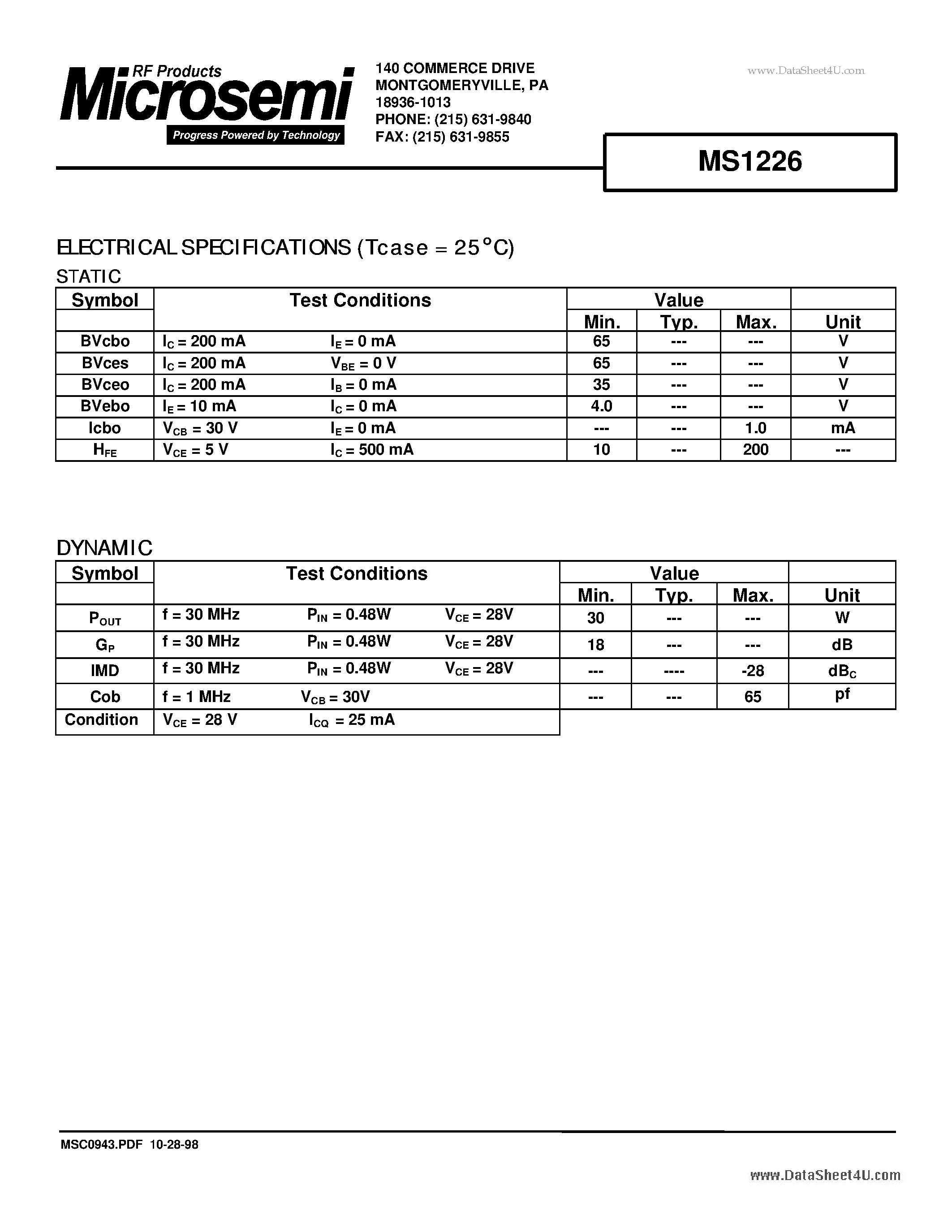Datasheet MS1226 - RF & MICROWAVE TRANSISTORS HF SSB APPLICATIONS page 2