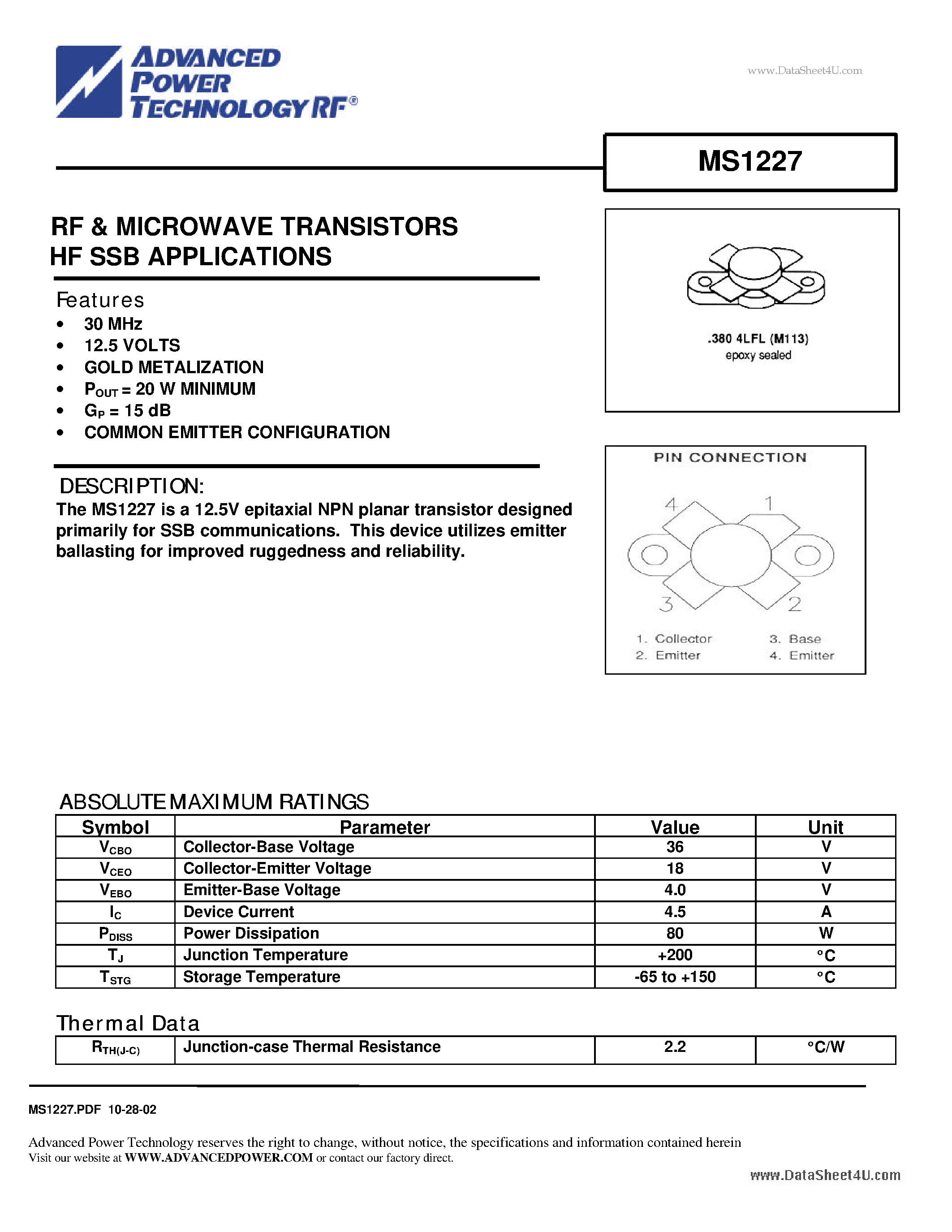 Datasheet MS1227 - RF & MICROWAVE TRANSISTORS HF SSB APPLICATIONS page 1