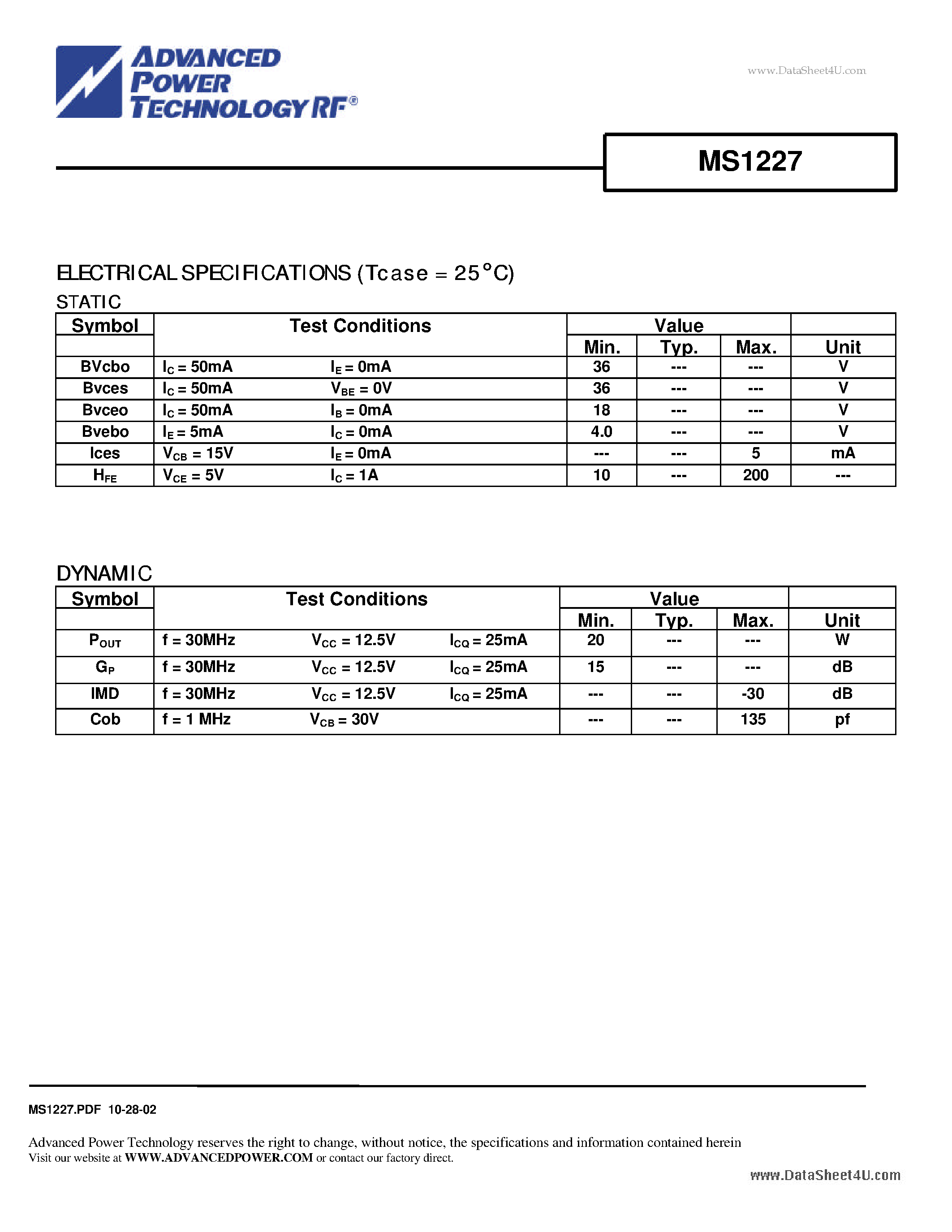 Datasheet MS1227 - RF & MICROWAVE TRANSISTORS HF SSB APPLICATIONS page 2