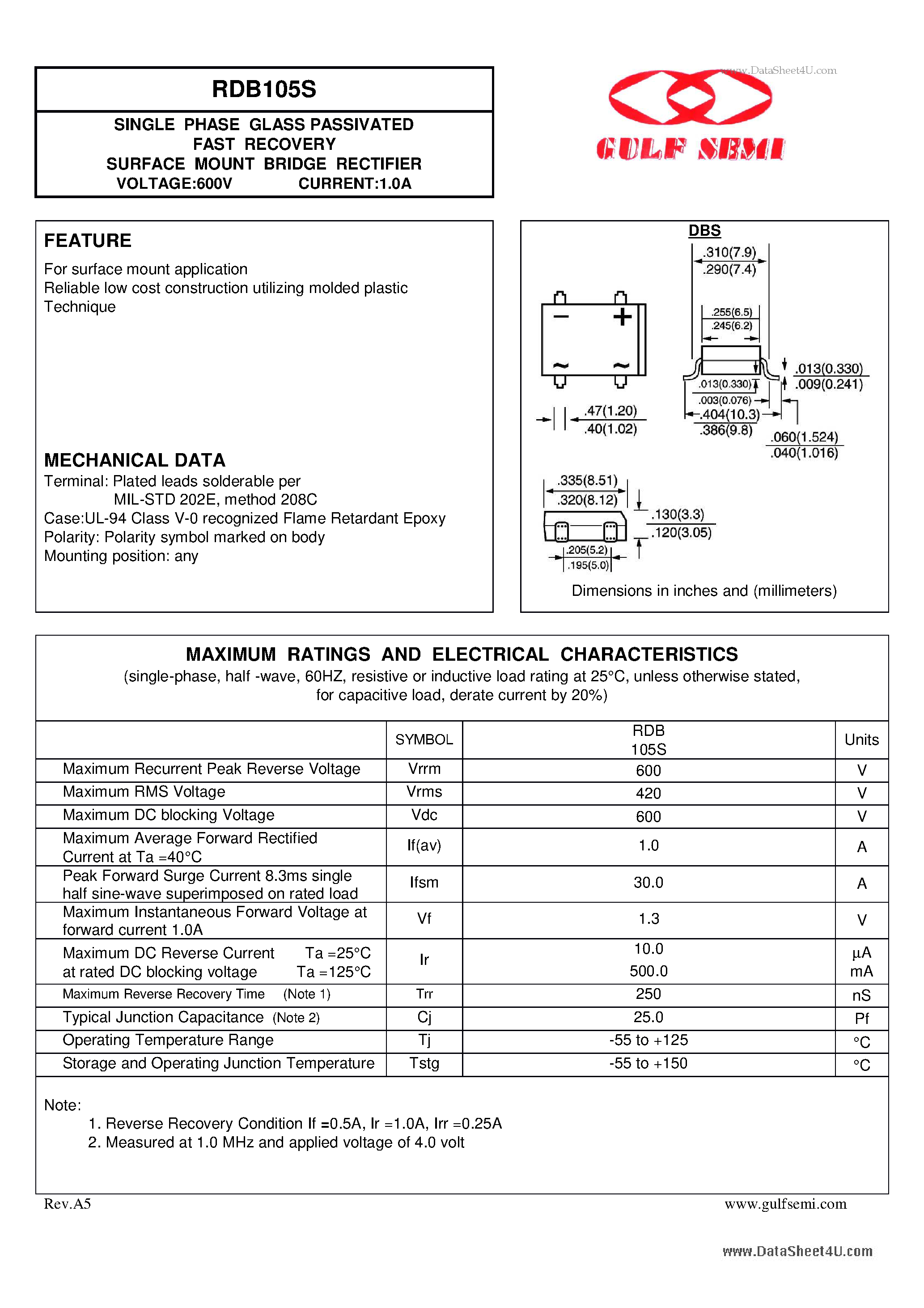 Datasheet RDB105S page 1 Datasheet RDB105S - SINGLE PHASE GLASS PASSIVATED FAST RECOVERY SURFACE MOUNT BRIDGE RECTIFIER VOLTAGE:600V CURRENT:1.0A page 1