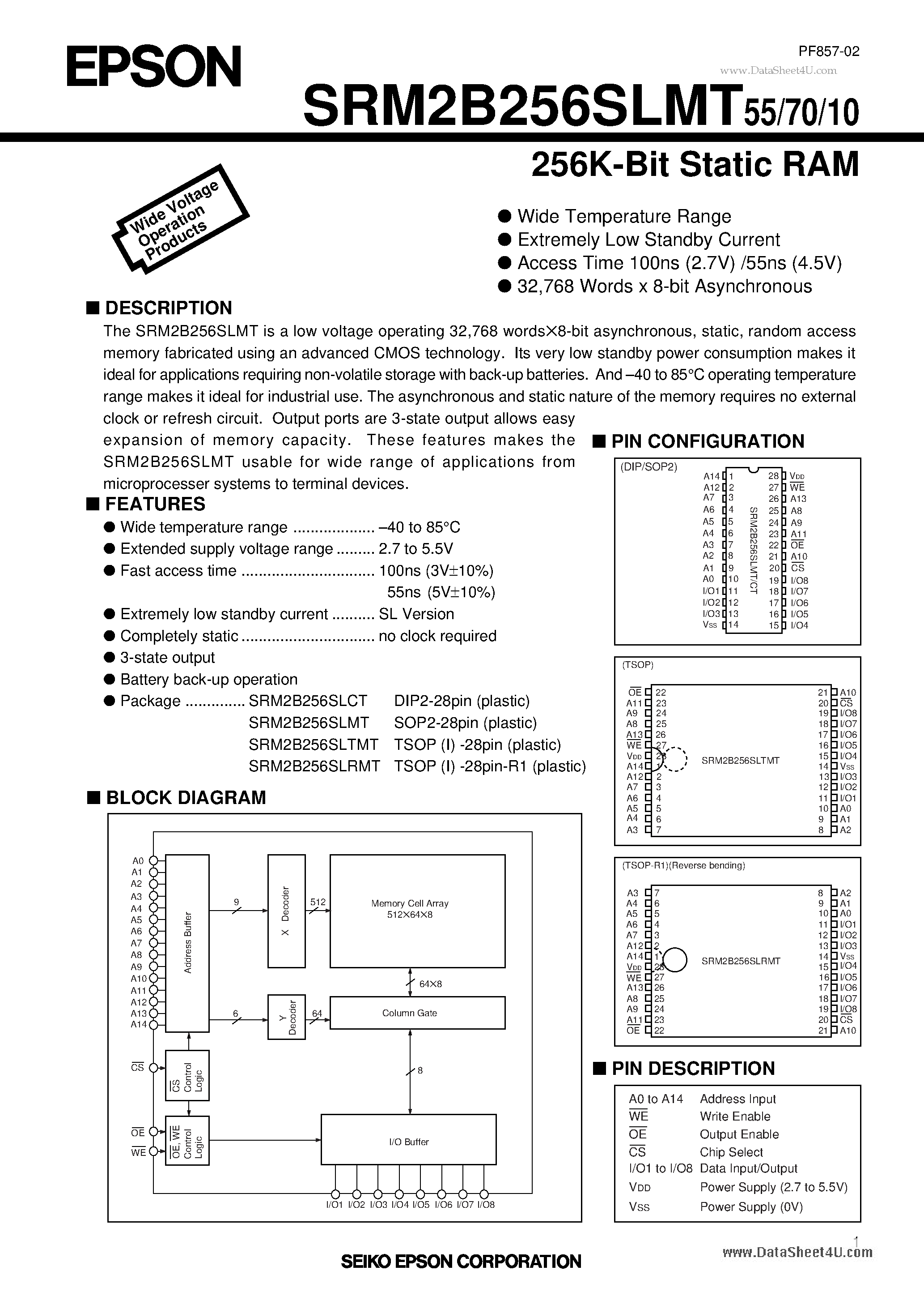 Даташит на микросхему SRM2B256SLMT страница 1 Даташит SRM2B256SLMT - 256K-Bit Static RAM страница 1