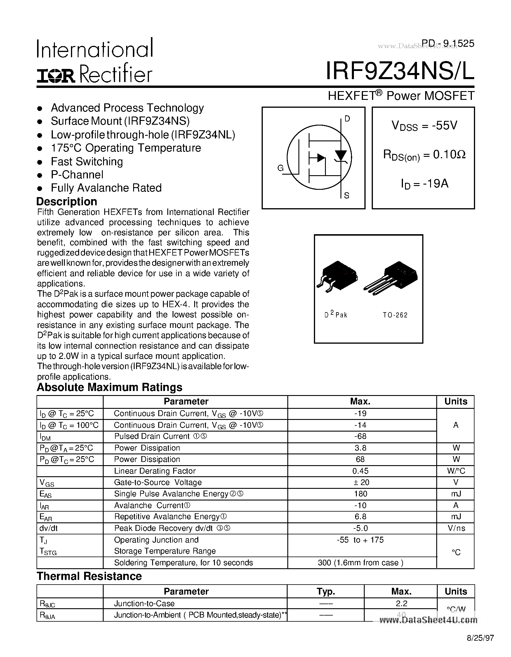 Datasheet F9Z34NS - Search -----> IRF9Z34NS page 1