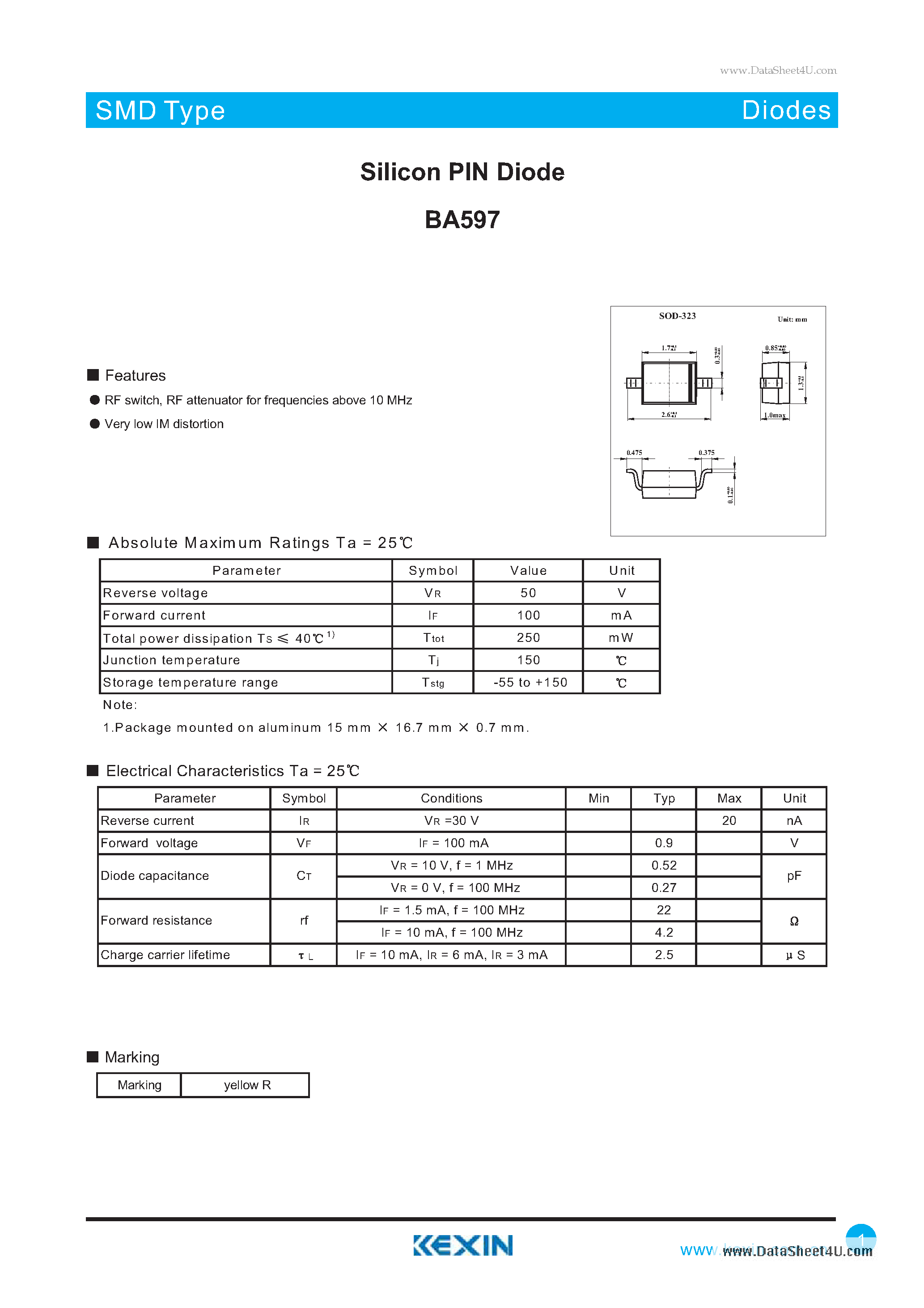 Datasheet BA597 page 1 Datasheet BA597 - Silicon PIN Diode page 1
