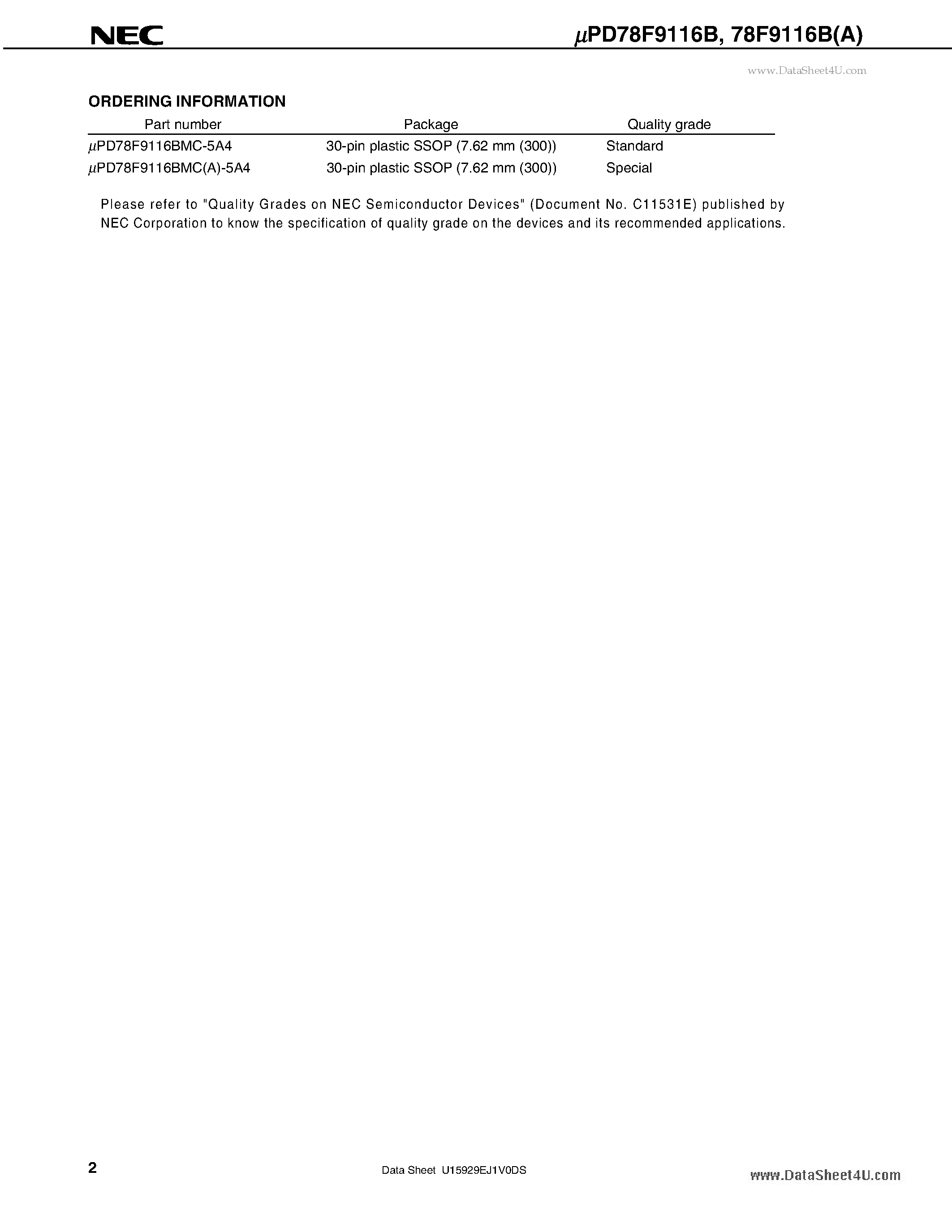 Datasheet 78F9116B - 8-BIT SINGLE-CHIP MICROCONTROLLERS page 2