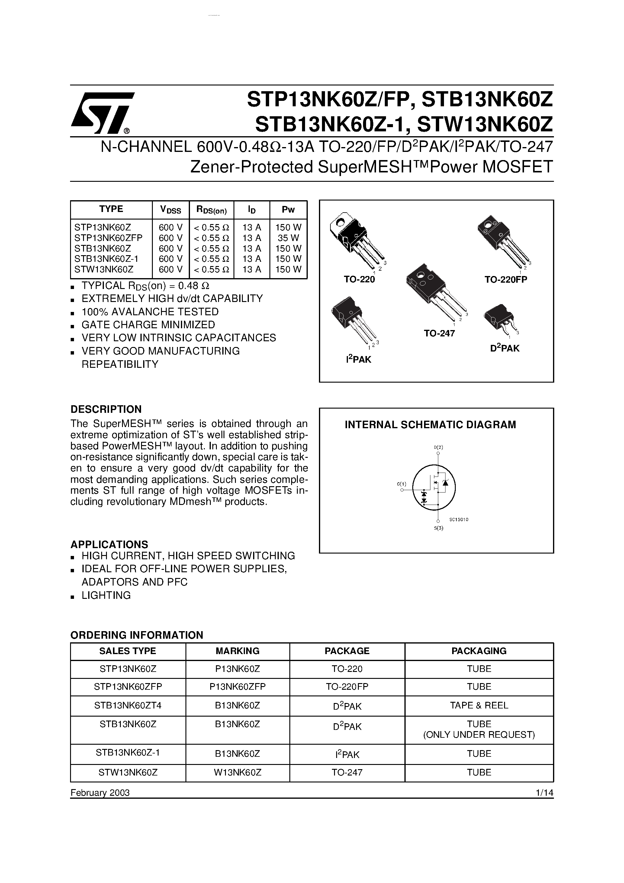 Datasheet STP13NK60FP - N-channel Power MOSFET page 1