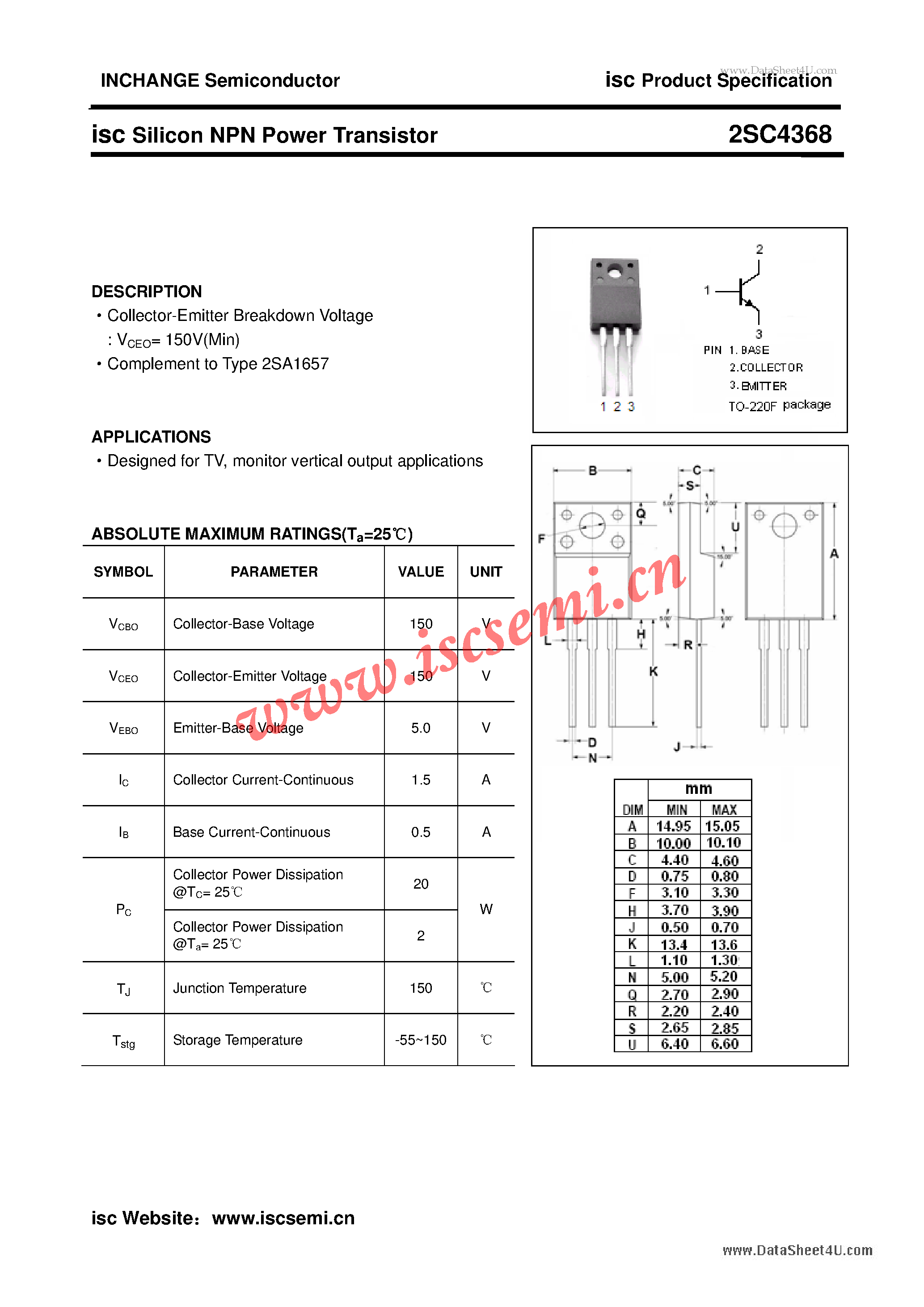 Datasheet 2SC4368 - Silicon NPN Power Transistor page 1