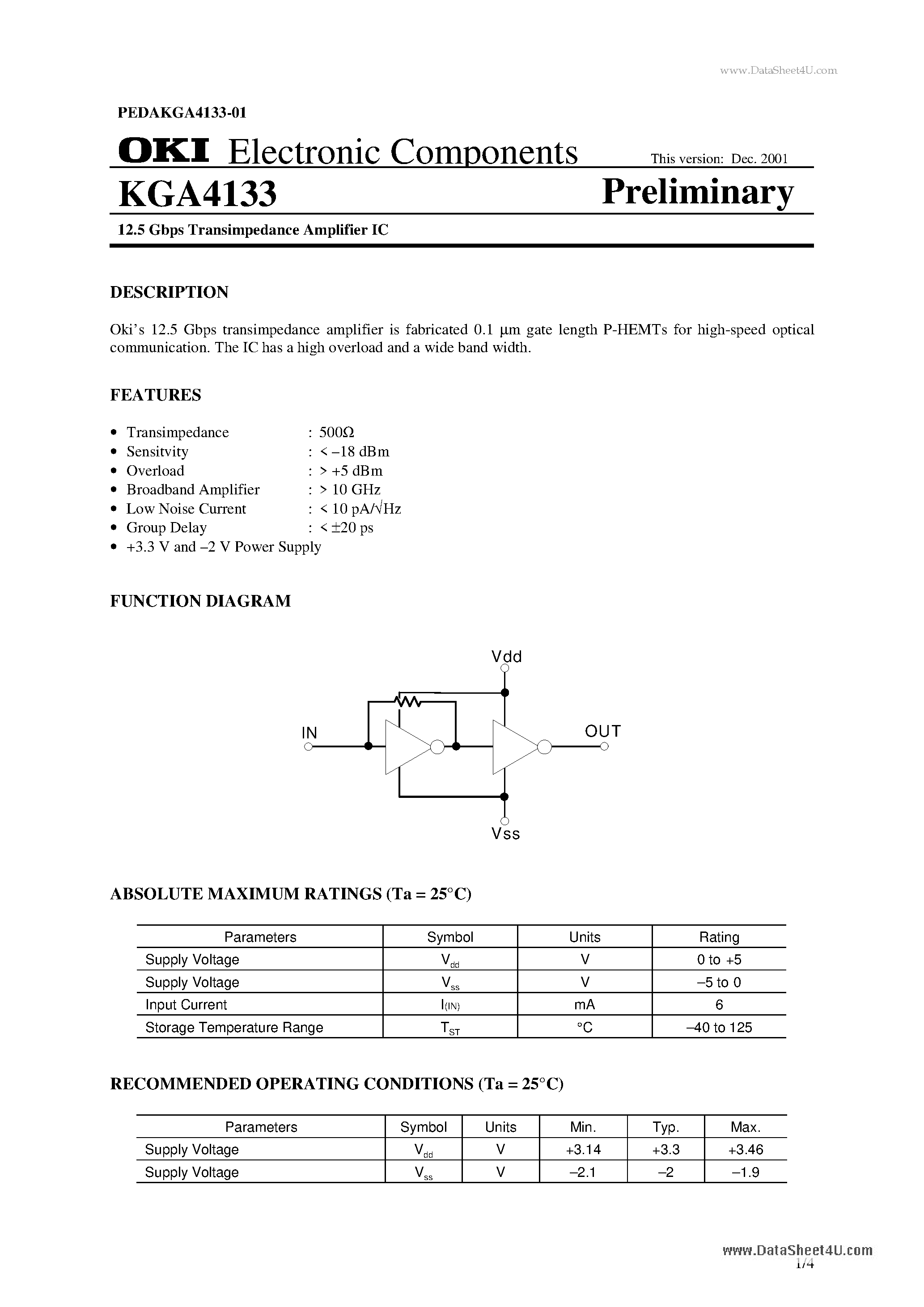 Datasheet KGA4133 - 12.5 Gbps Transimpedance Amplifier IC page 1