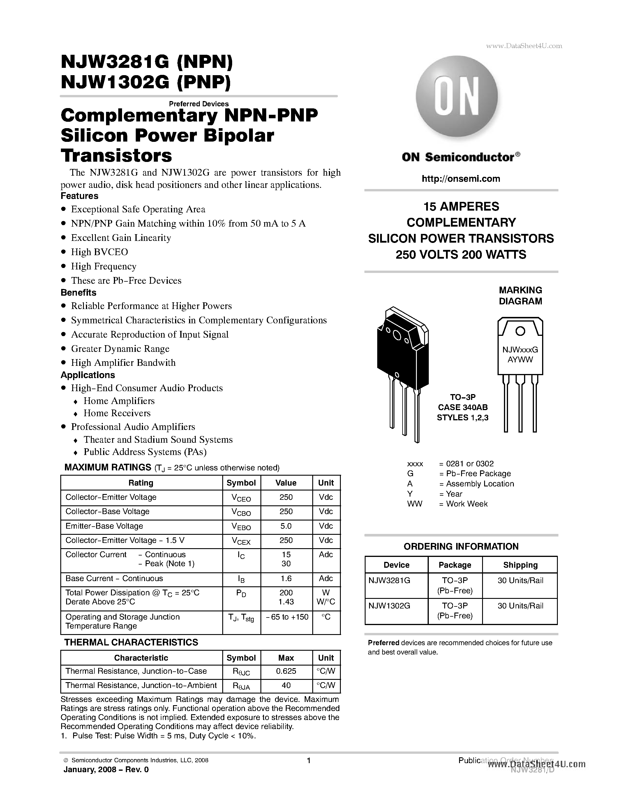 Datasheet NJW1302G - (NJW1302G / NJW3281G) Complementary NPN-PNP Silicon Power Bipolar Transistors page 1