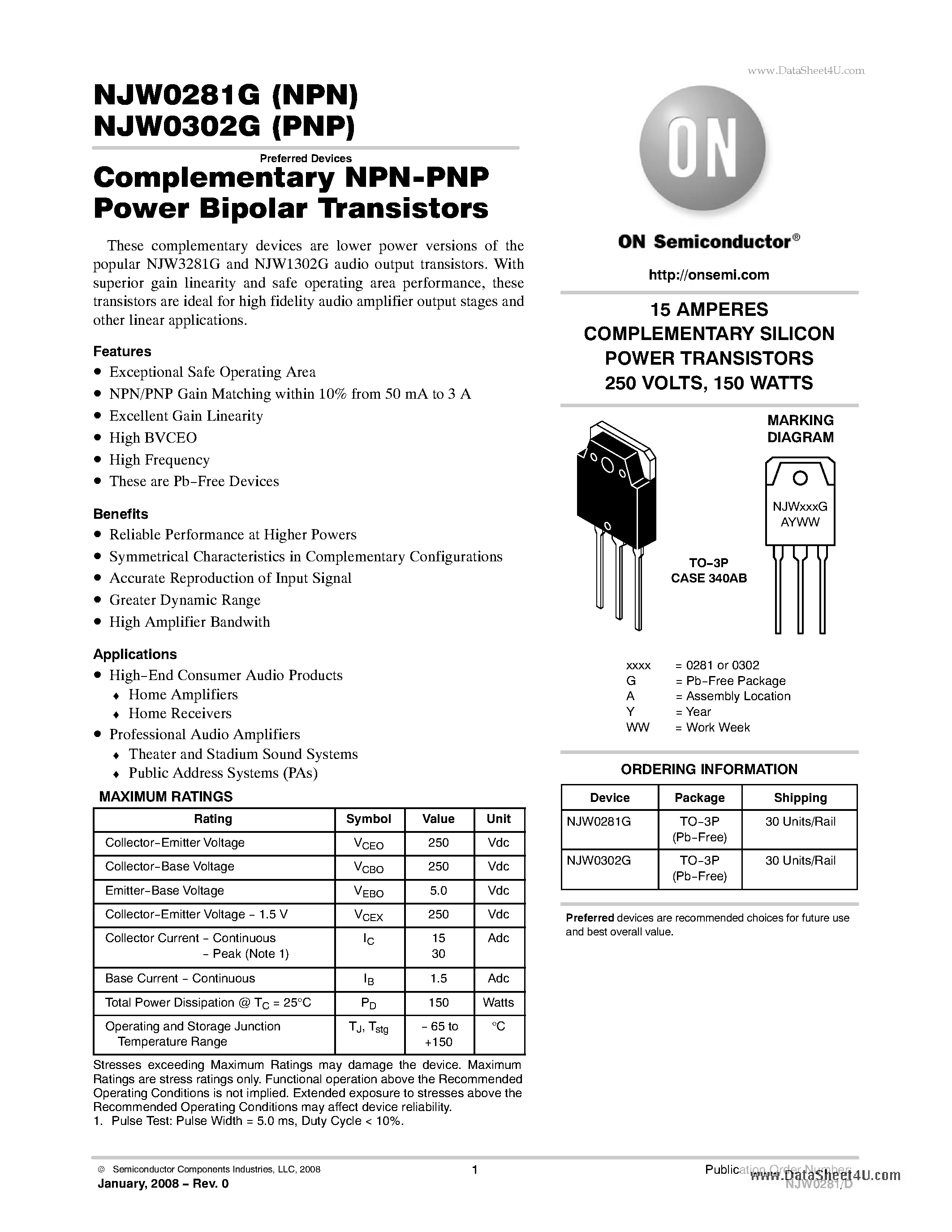 Datasheet NJW0281G - (NJW0281G / NJW0302G) Complementary NPN-PNP Power Bipolar Transistors page 1