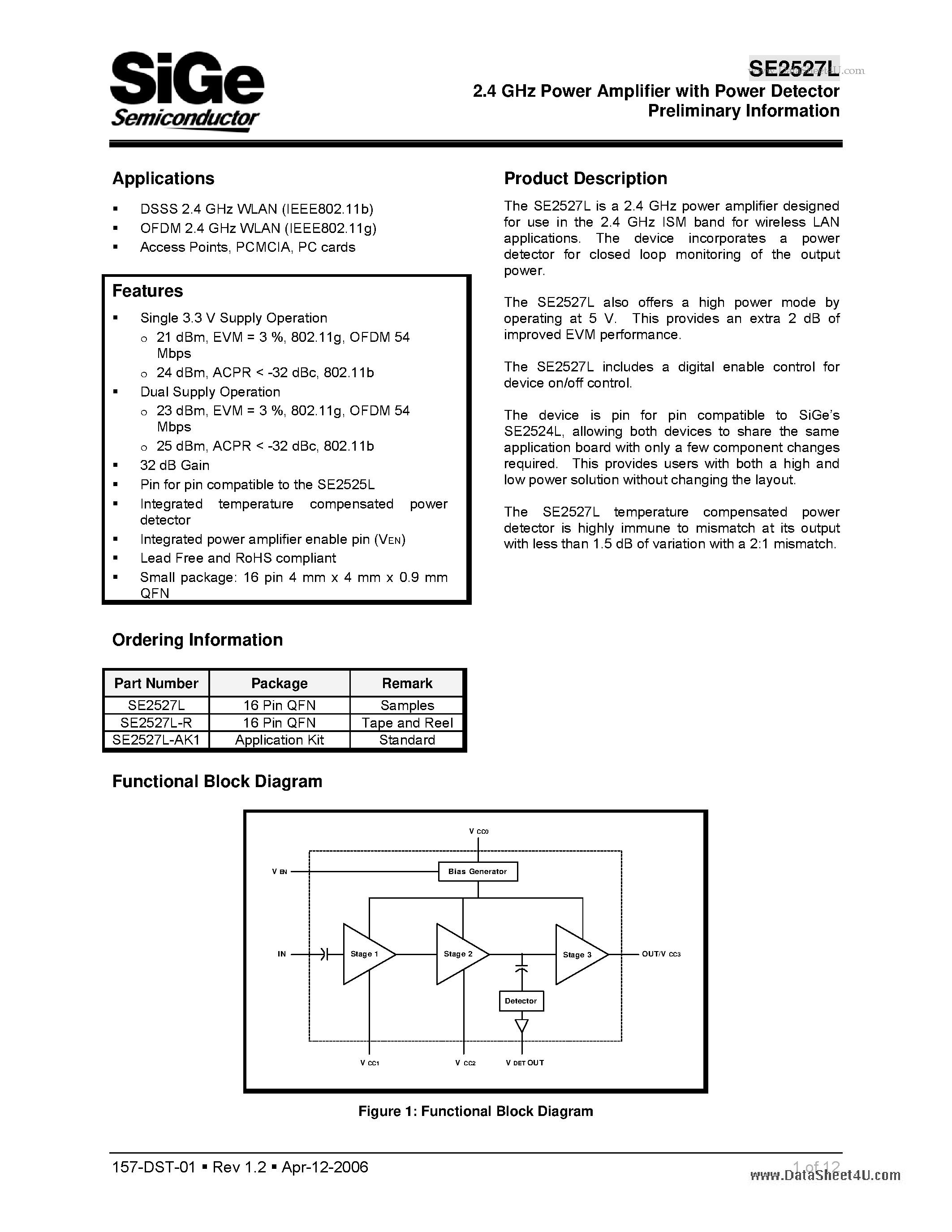Datasheet SE2527L - 2.4 GHz Power Amplifier page 1