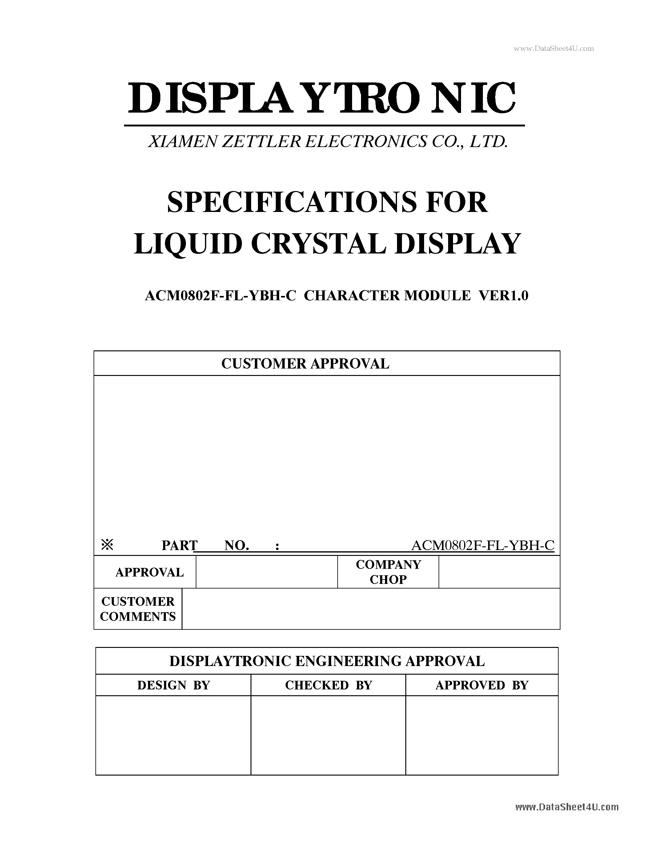 Datasheet ACM0802F-FL-YBH-C - SPECIFICATIONS FOR LIQUID CRYSTAL DISPLAY page 1