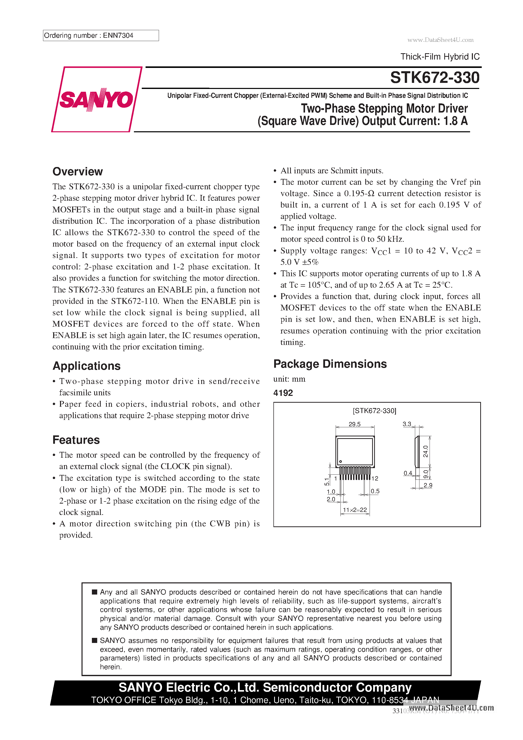 Datasheet STK672-330 page 1 Datasheet STK672-330 - Two-Phase Stepping Motor Driver page 1