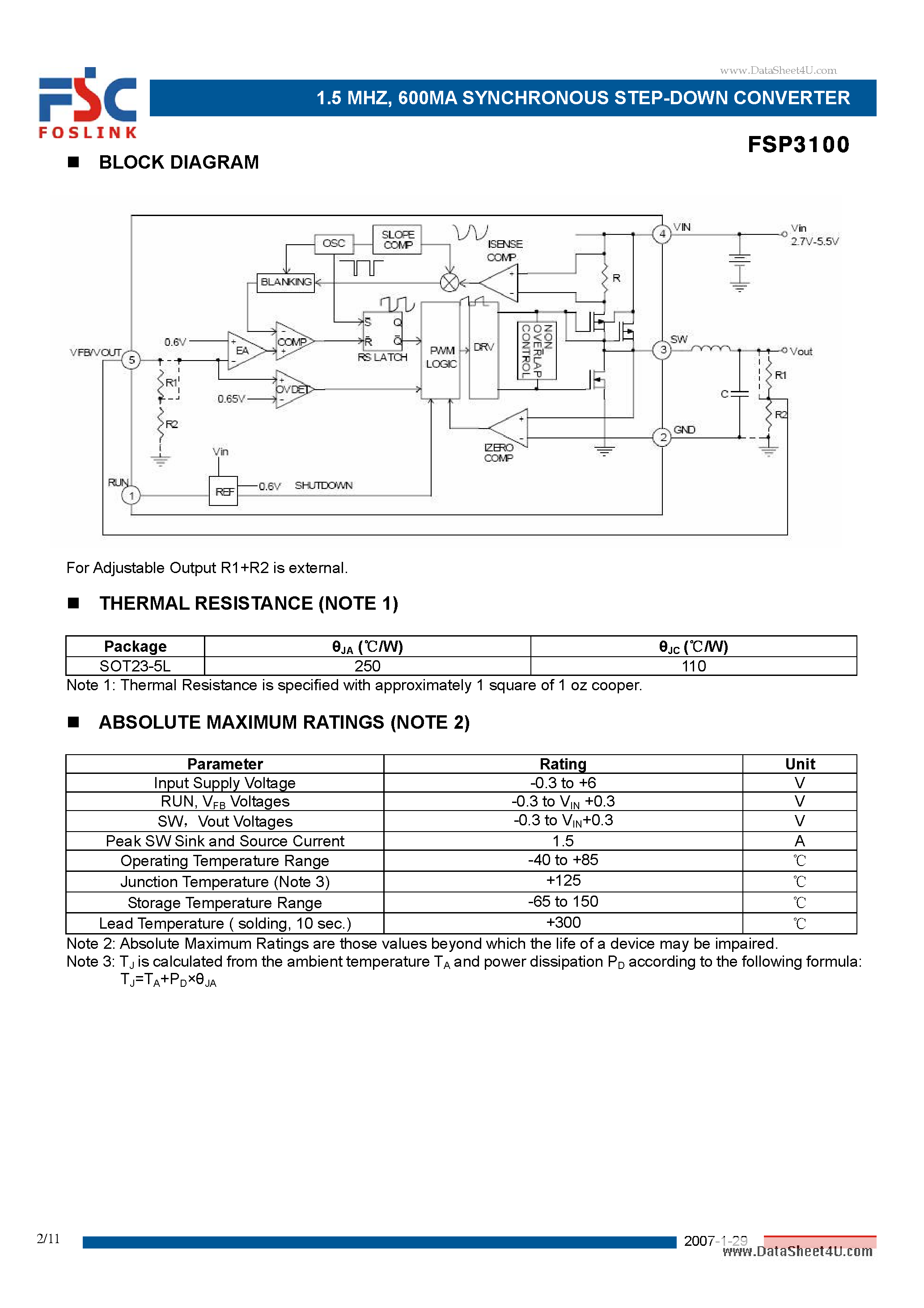 Даташит на микросхему FSP3100 страница 2 Даташит FSP3100 - 600MA SYNCHRONOUS STEP-DOWN CONVERTER страница 2