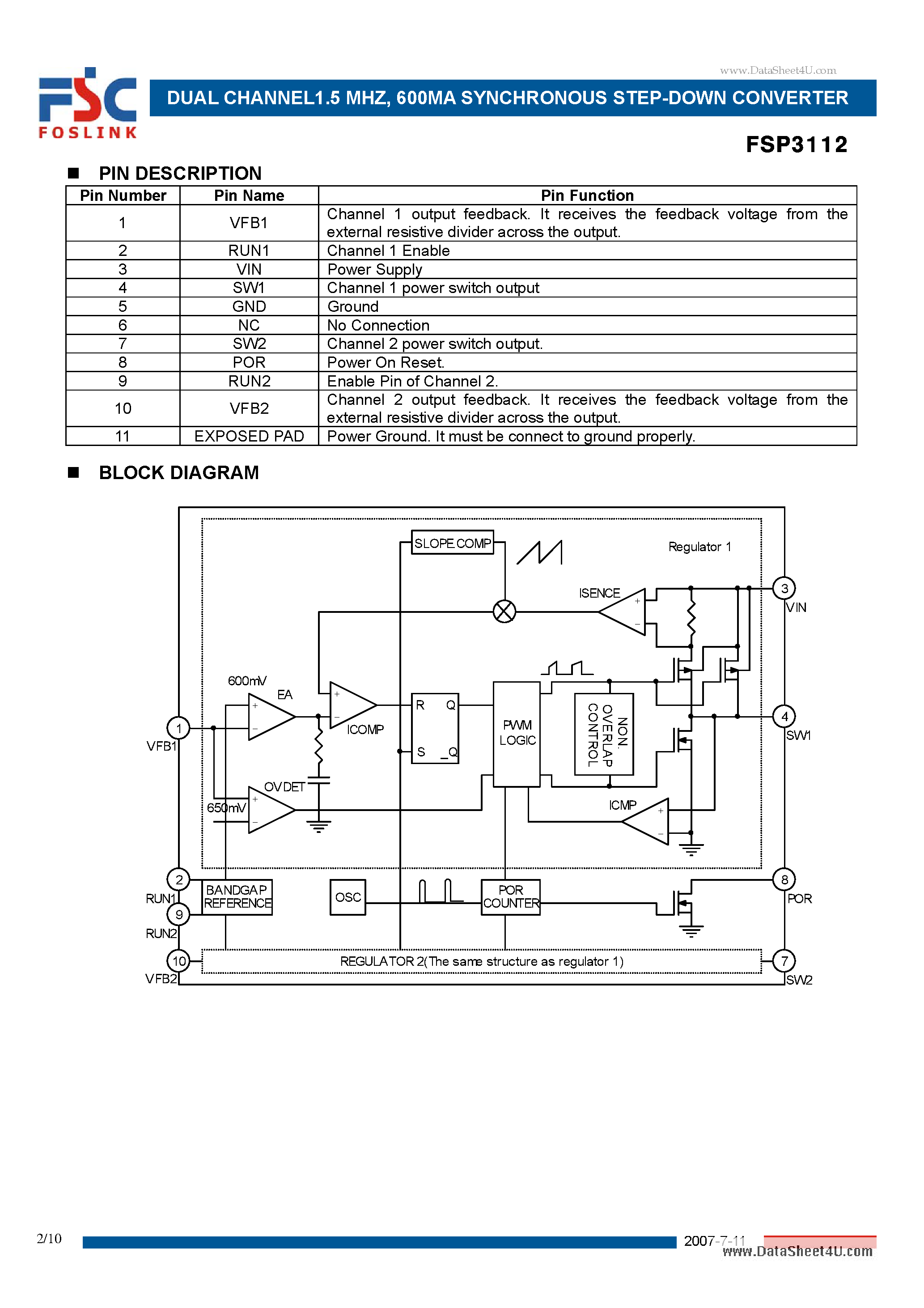 Даташит на микросхему FSP3112 страница 2 Даташит FSP3112 - 600MA SYNCHRONOUS STEP-DOWN CONVERTER страница 2