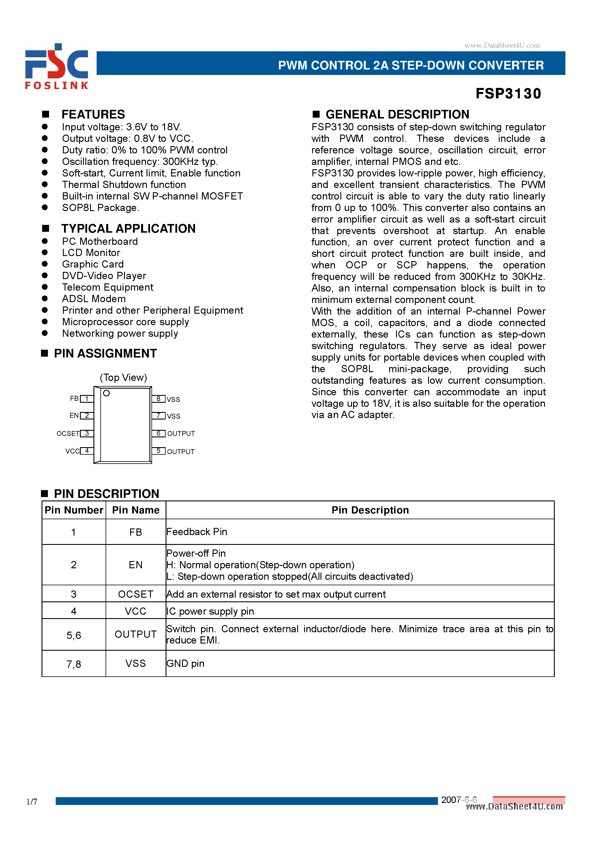 Даташит на микросхему FSP3130 страница 1 Даташит FSP3130 - PWM CONTROL 2A STEP-DOWN CONVERTER страница 1