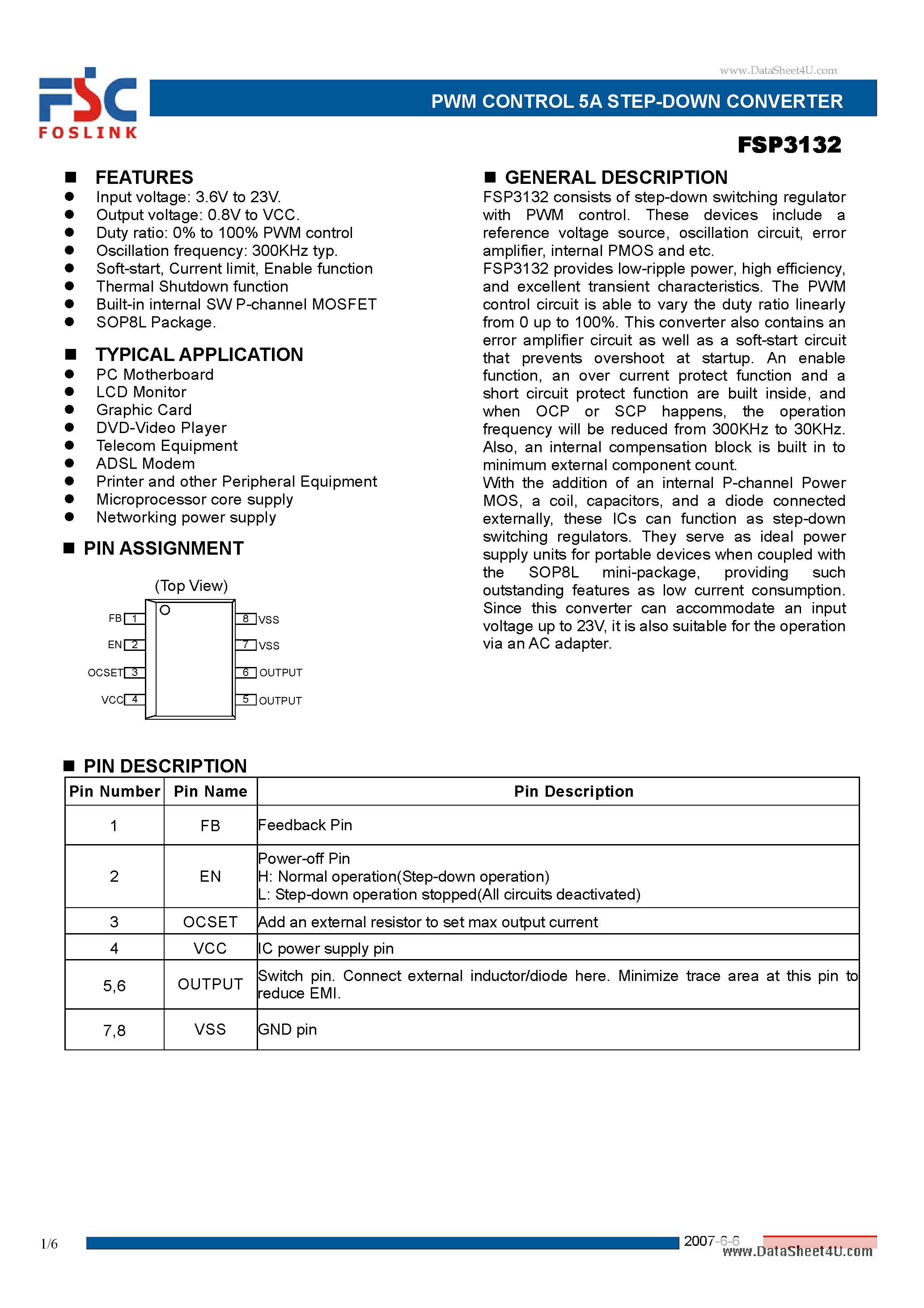 Даташит FSP3132 - PWM CONTROL 5A STEP-DOWN CONVERTER страница 1