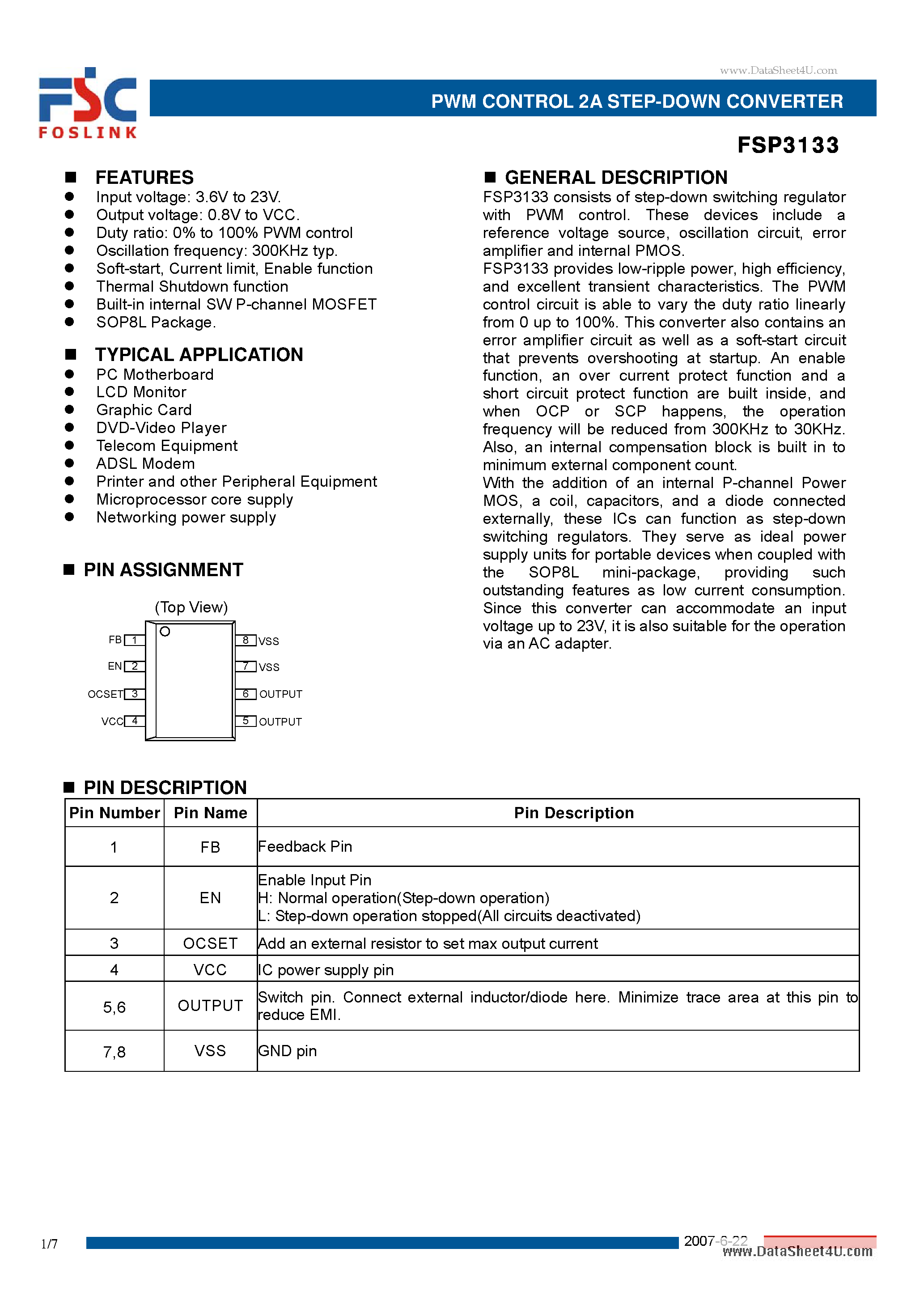 Даташит FSP3133 - PWM CONTROL 2A STEP-DOWN CONVERTER страница 1