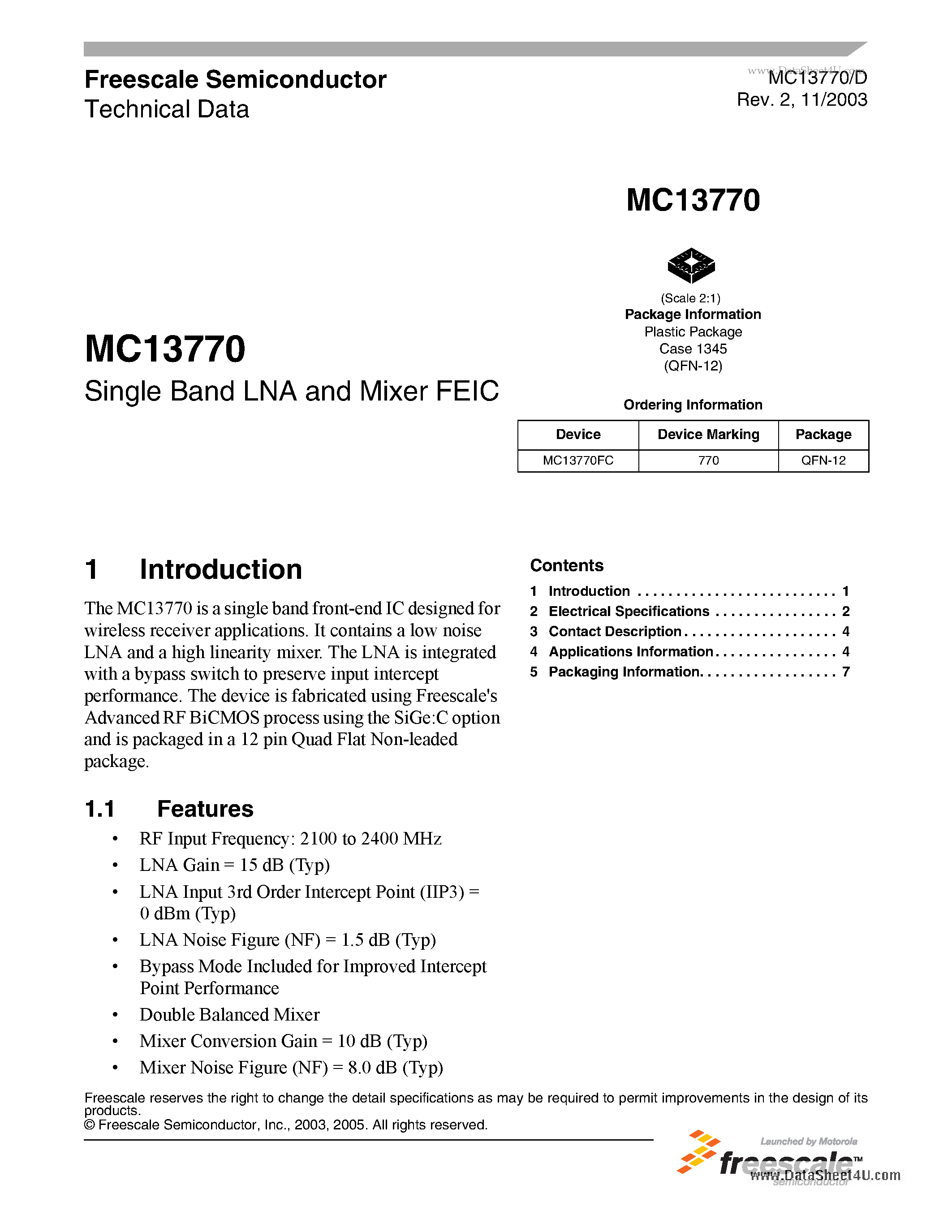 Datasheet MC13770 - Single Band LNA and Mixer FEIC page 1