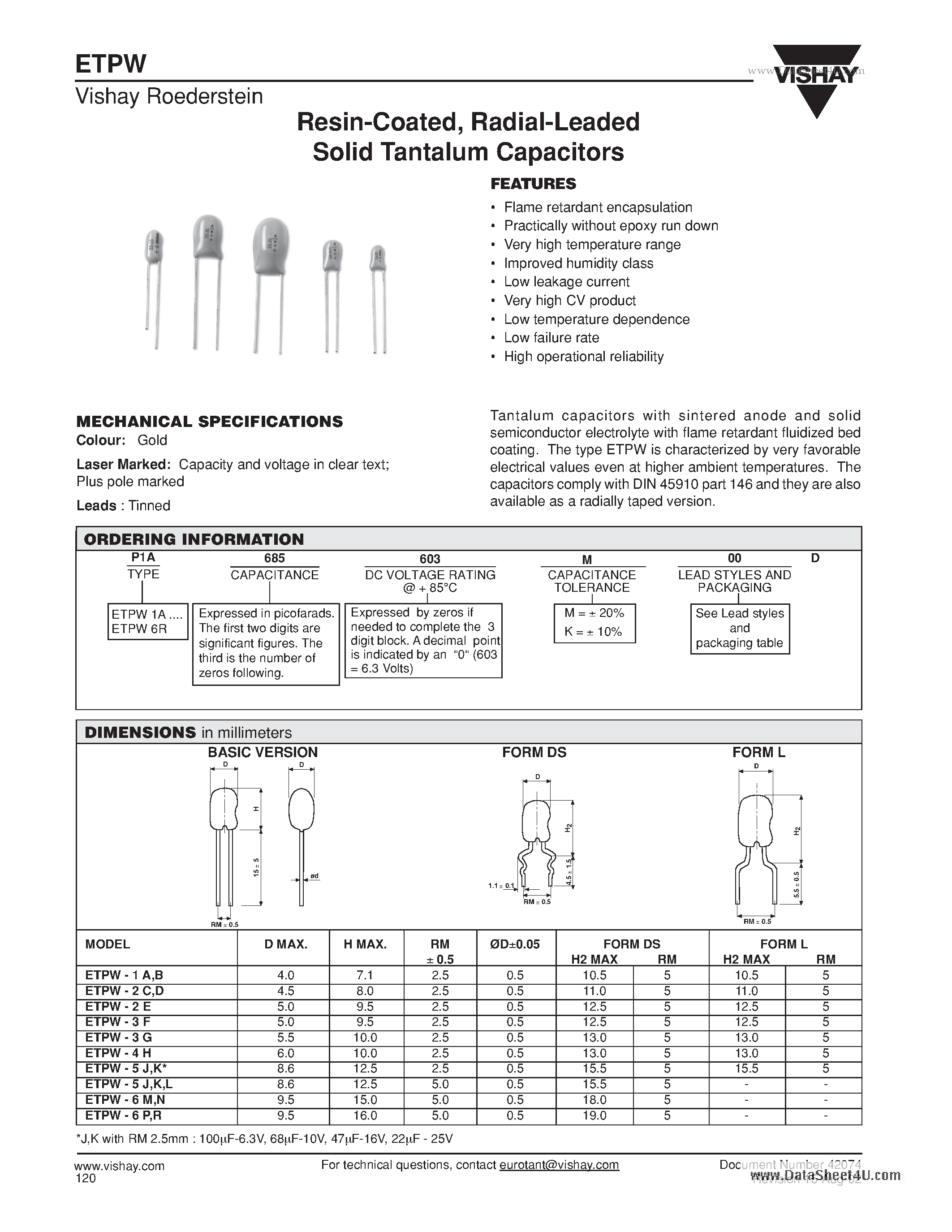 Datasheet ETPW page 1 Datasheet ETPW - Radial-Leaded Solid Tantalum Capacitors page 1