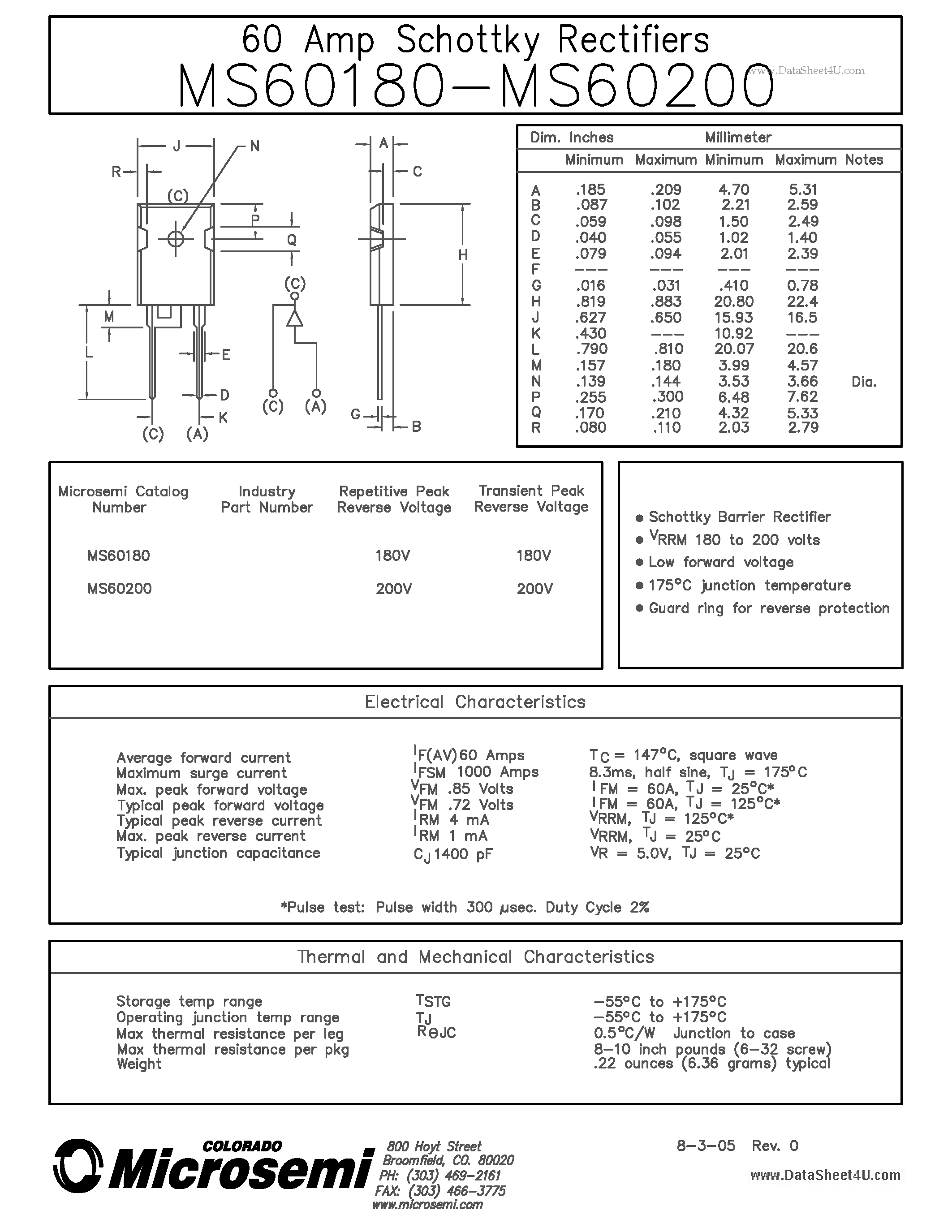 Даташит MS60180 - (MS60180 - MS60200) 60 Amp Schottky Rectifier страница 1