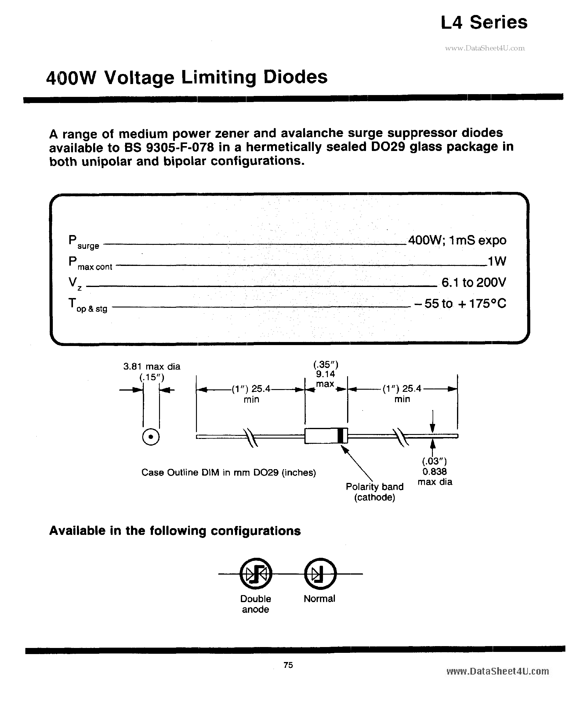 Даташит на микросхему L4D страница 1 Даташит L4D - 400W Voltage Limiting Diodes страница 1