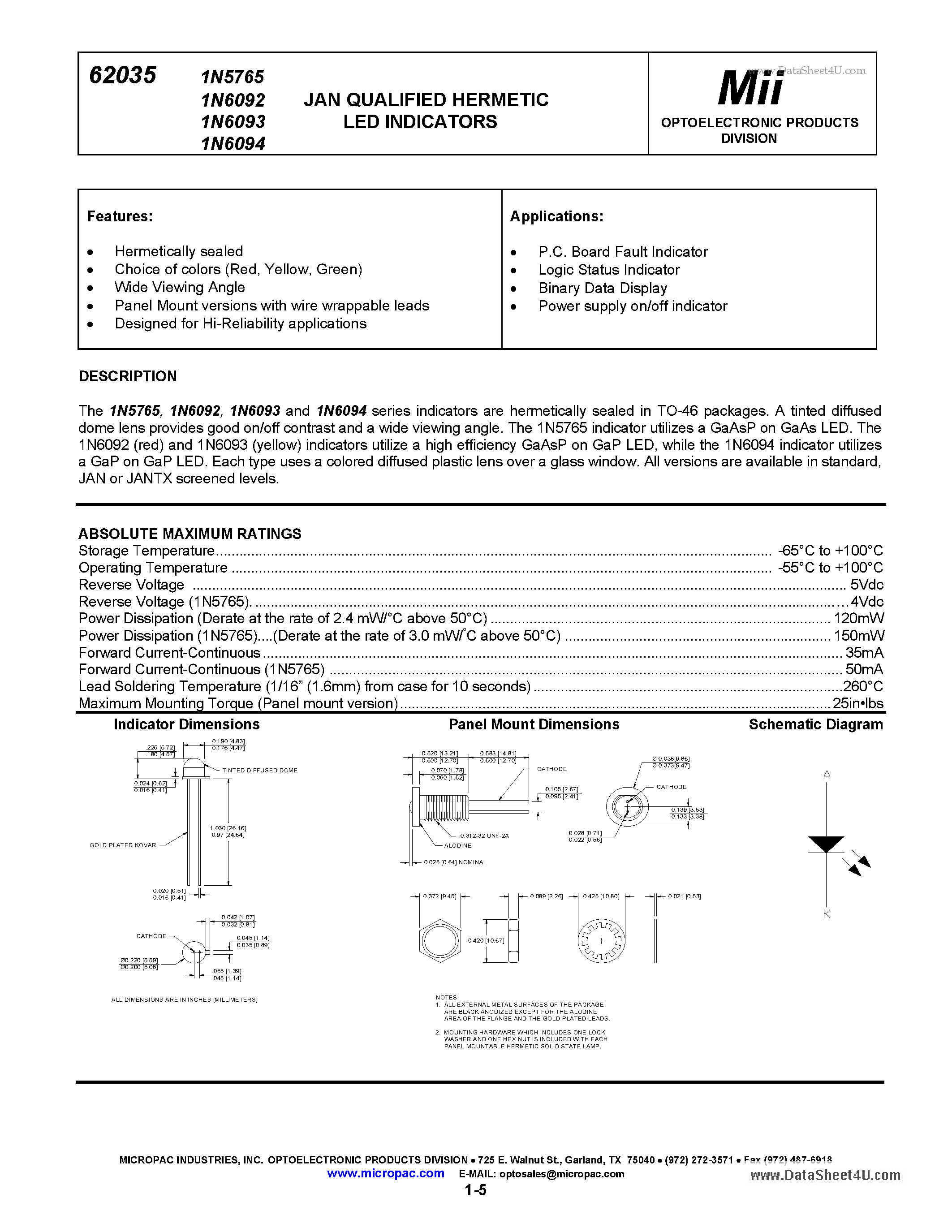 Datasheet 1N6092 - (1N6092 - 1N6094) JAN QUALIFIED HERMETIC LED INDICATORS page 1
