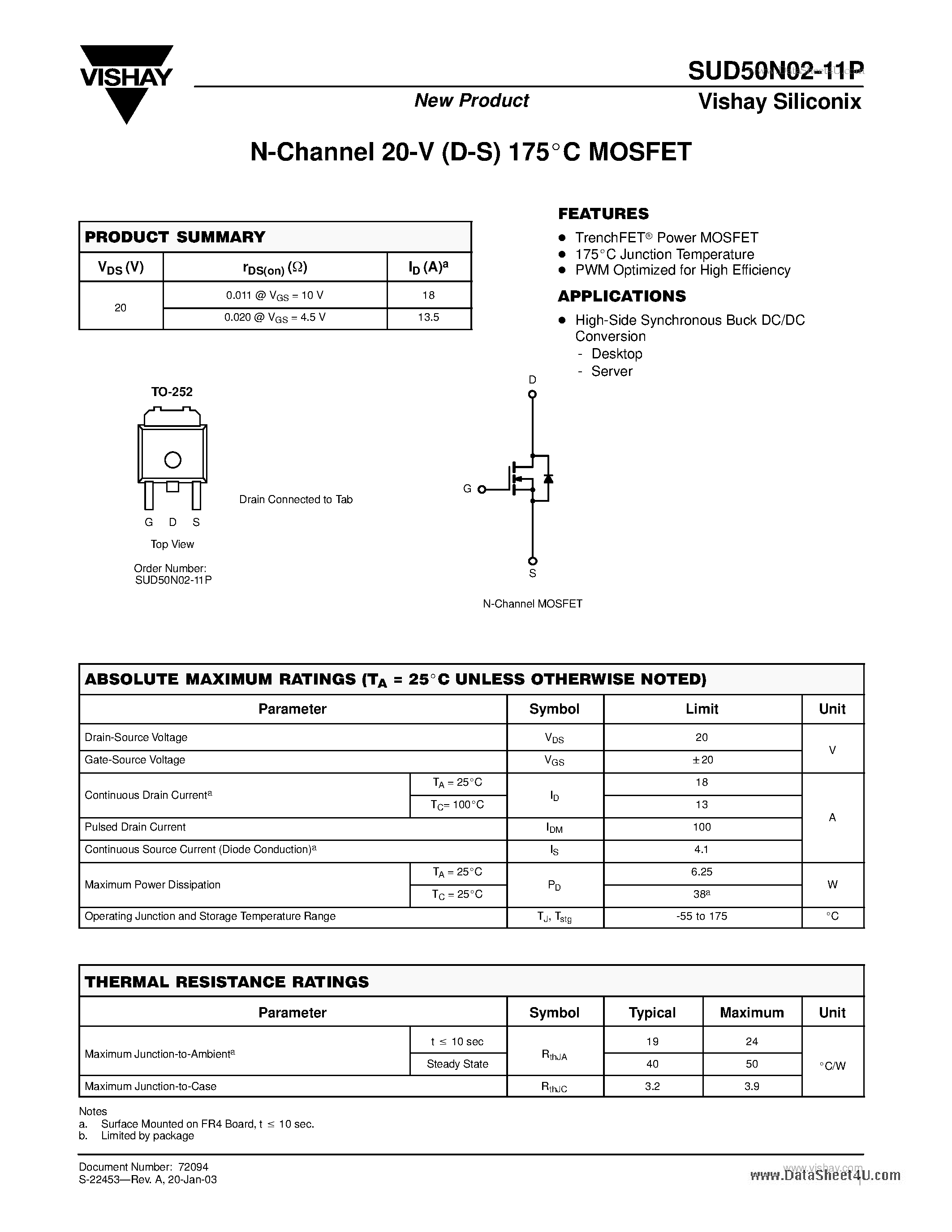 Datasheet SUD50N02-11P - N-Channel MOSFET page 1
