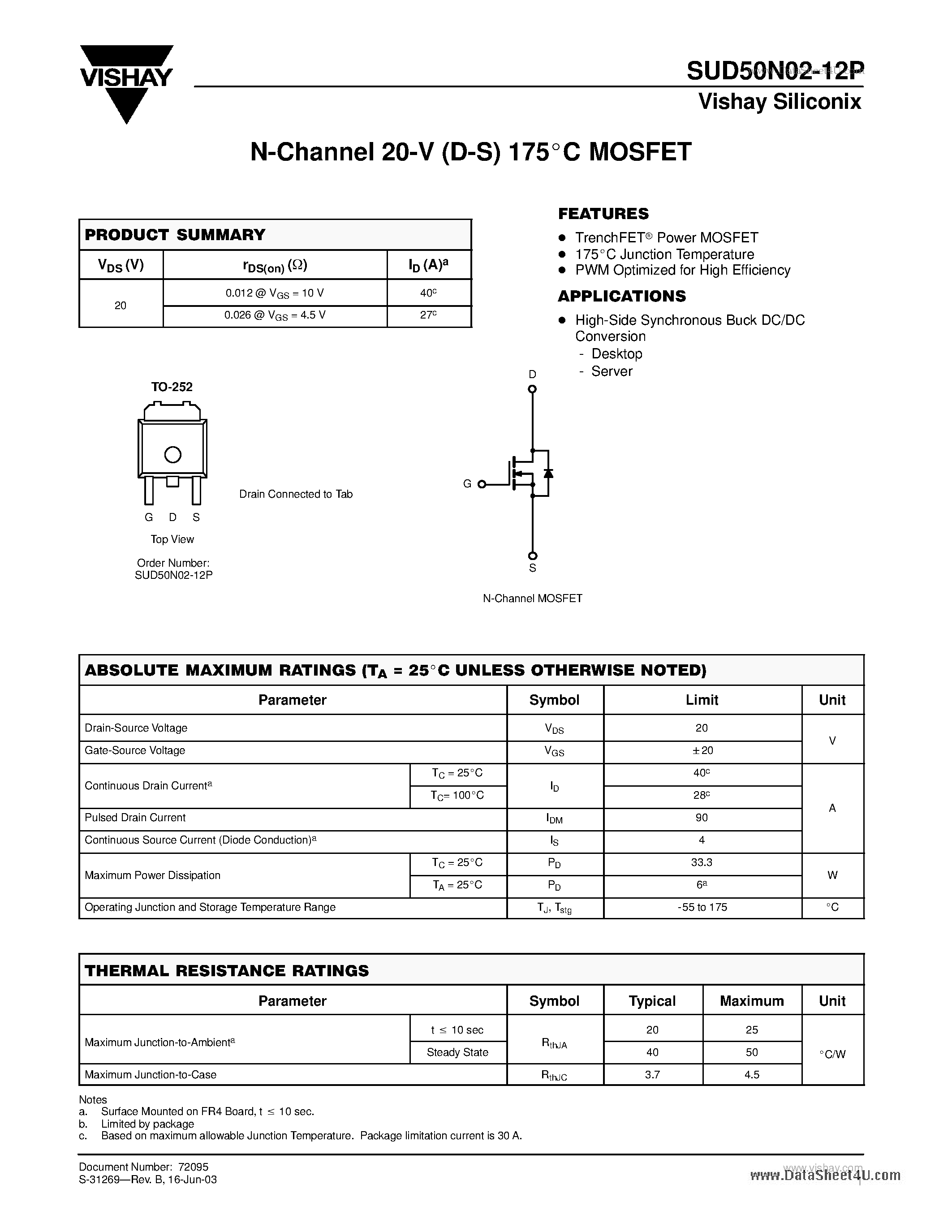Datasheet SUD50N02-12P - N-Channel MOSFET page 1