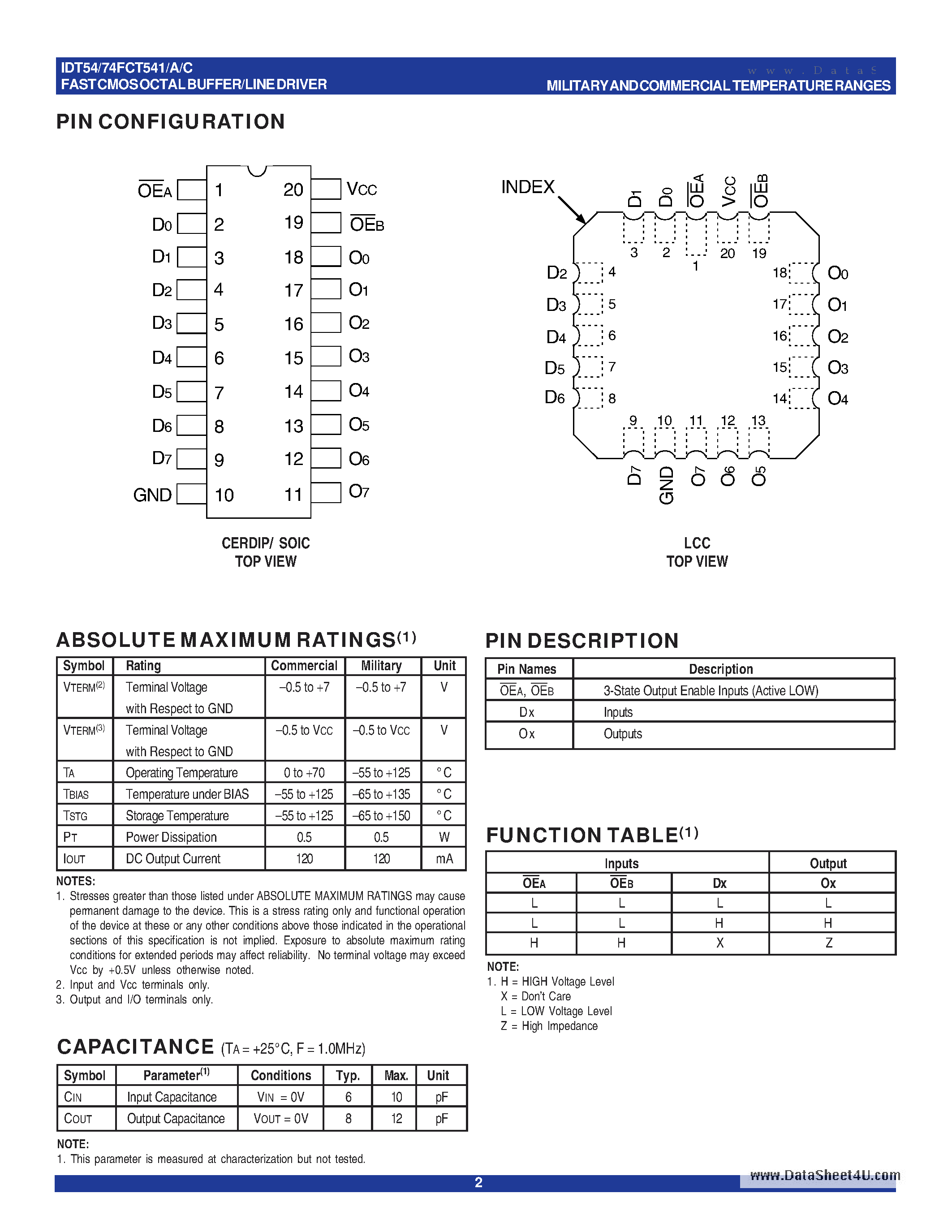 Datasheet IDT54FCT541A page 2 Datasheet IDT54FCT541A - (IDT54FCT541A/C) BUFFER/LINE DRIVER page 2