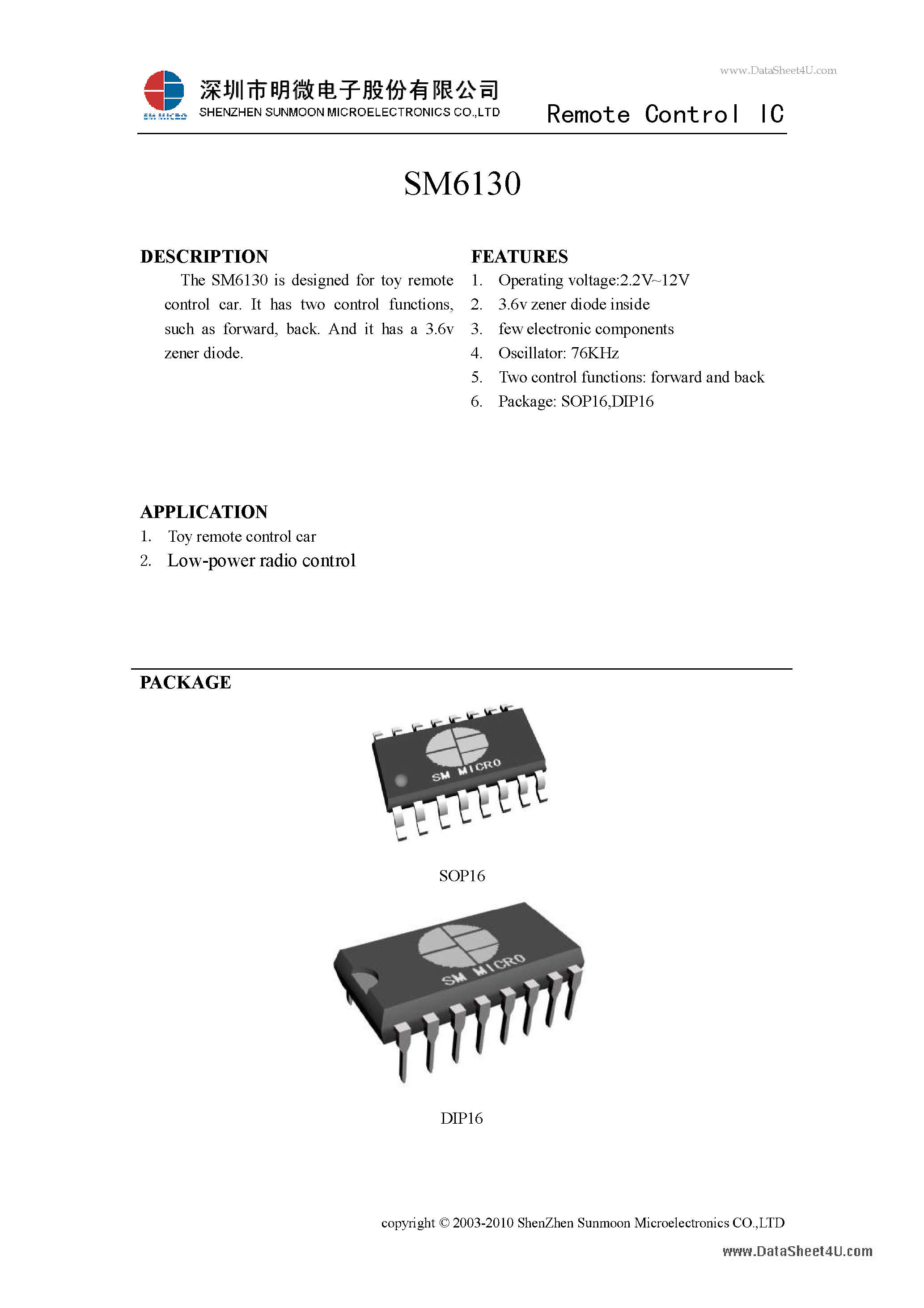 Datasheet SM6130 - Remote Control IC page 1