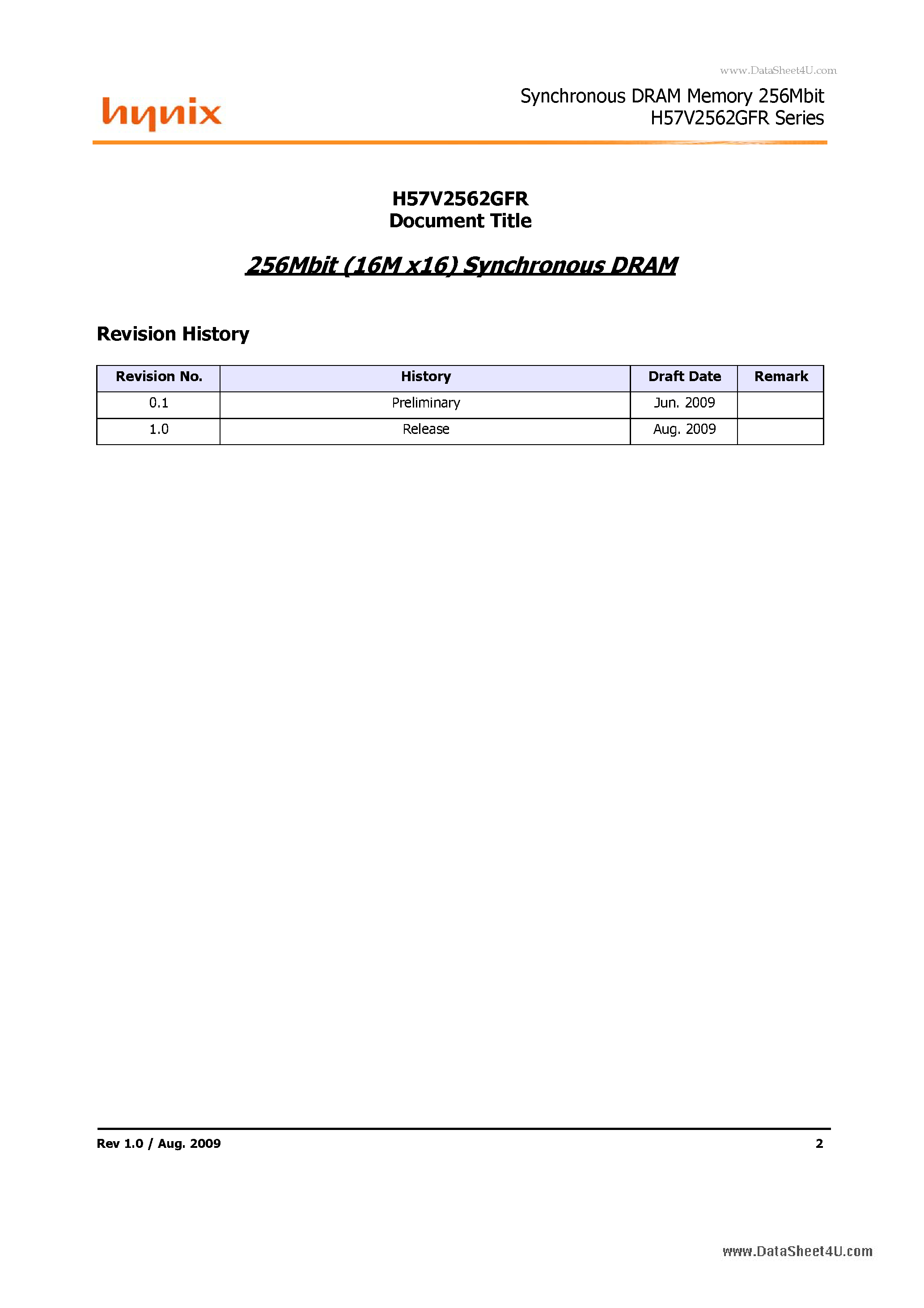 Datasheet H57V2562GFR page 2 Datasheet H57V2562GFR - 256Mb Synchronous DRAM based on 4M x 4Bank x16 I/O page 2