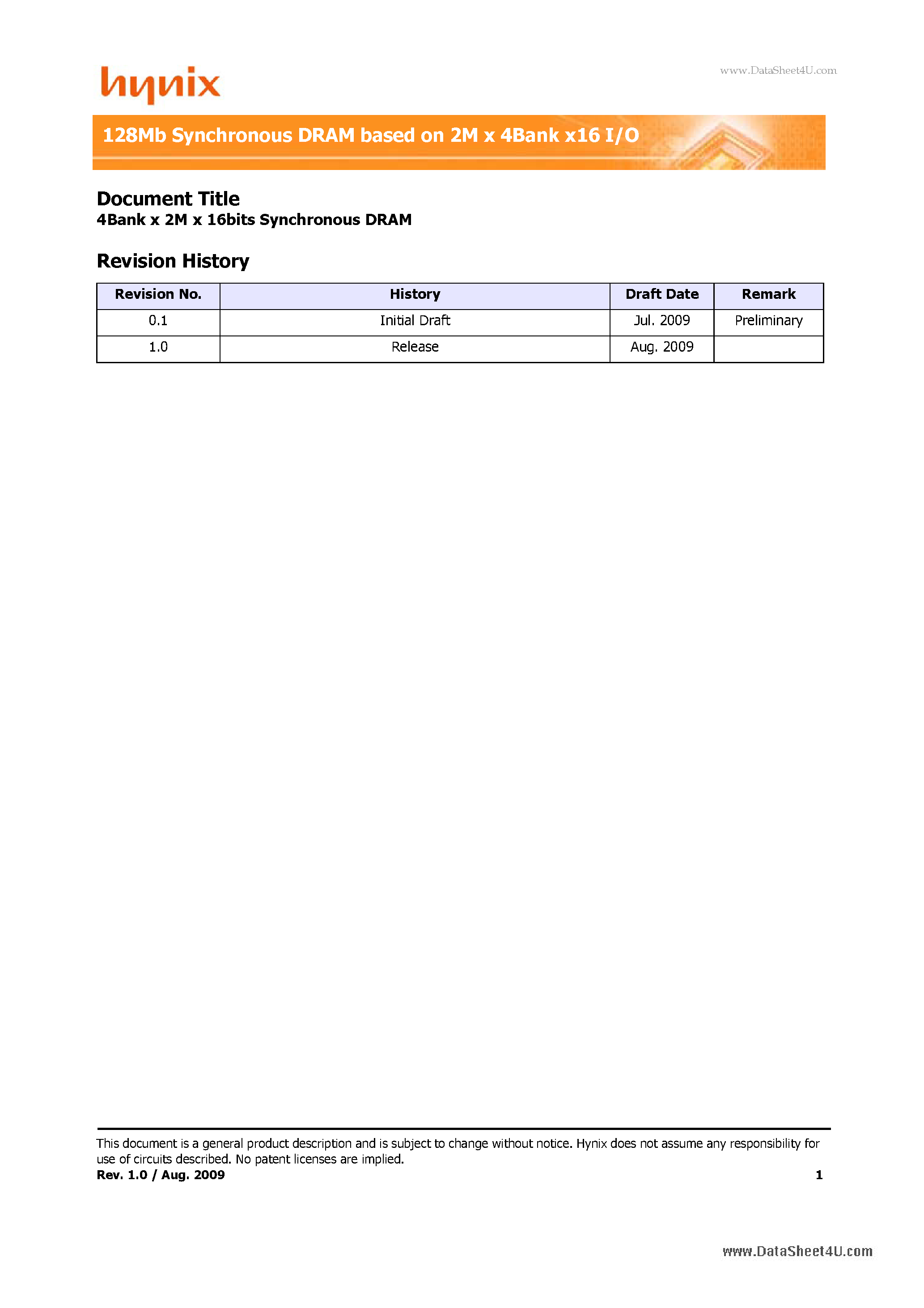 Datasheet H57V1262GFR - 128Mb Synchronous DRAM based on 2M x 4Bank x16 I/O page 1
