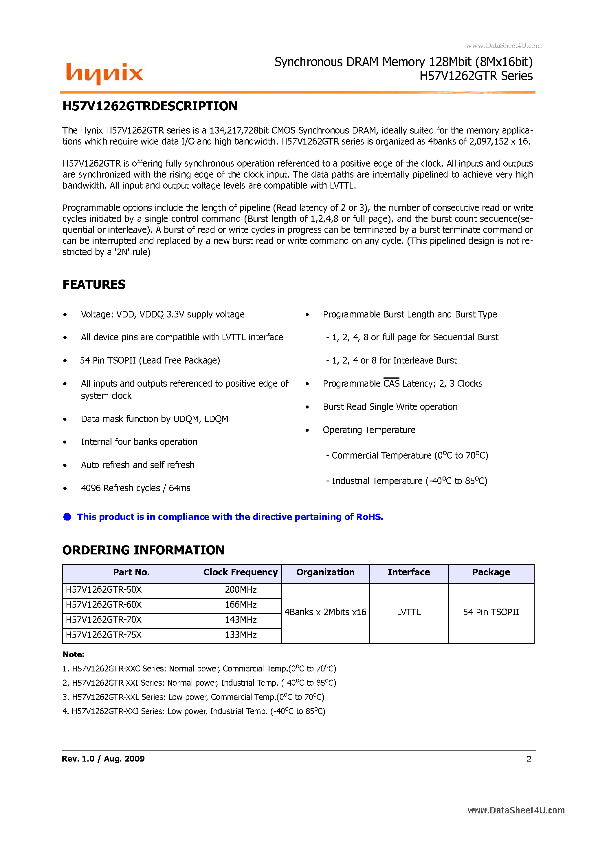 Datasheet H57V1262GTR page 2 Datasheet H57V1262GTR - 128Mb Synchronous DRAM based on 2M x 4Bank x16 I/O page 2