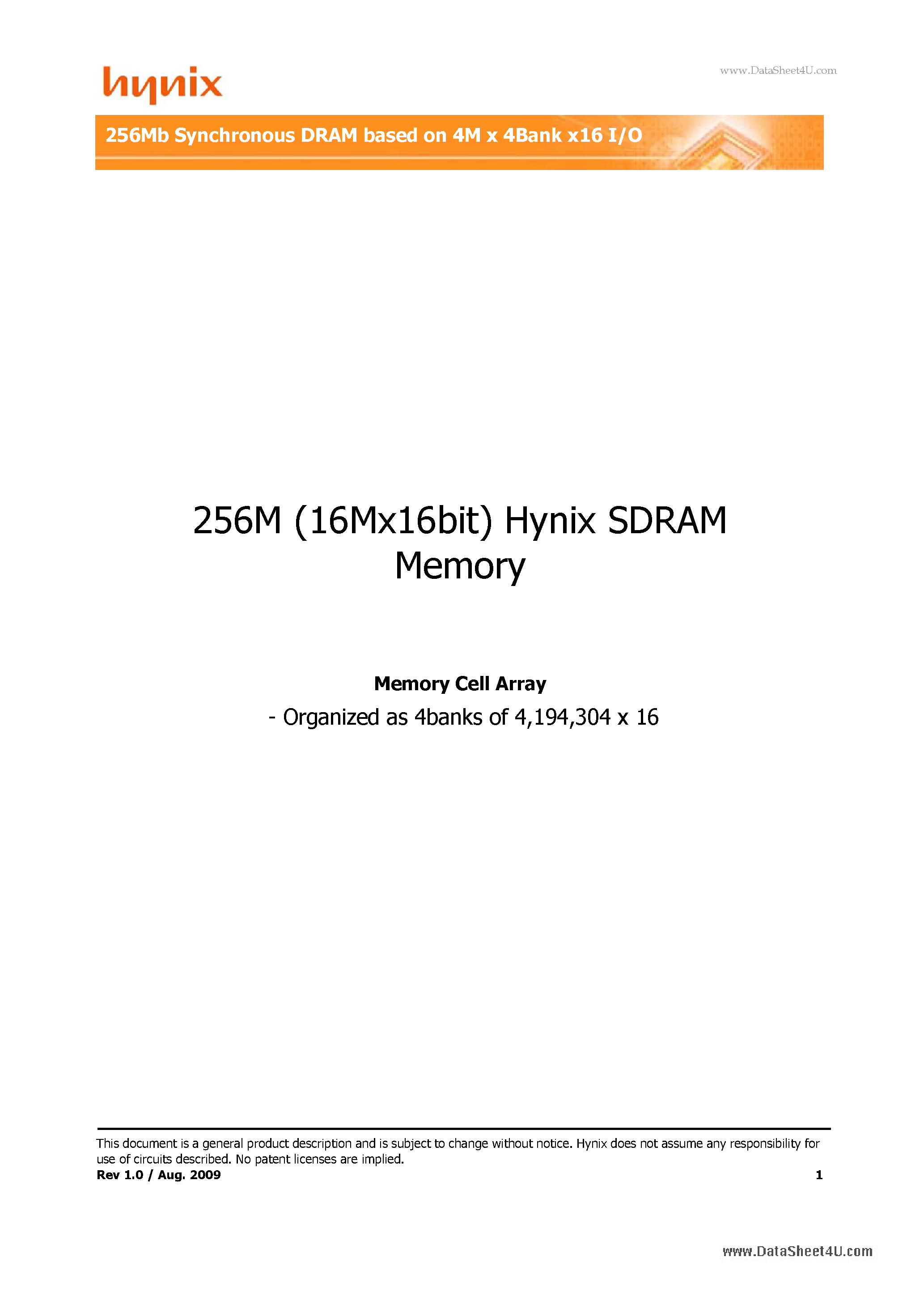 Datasheet H57V2562GTR - 256Mb Synchronous DRAM based on 4M x 4Bank x16 I/O page 1