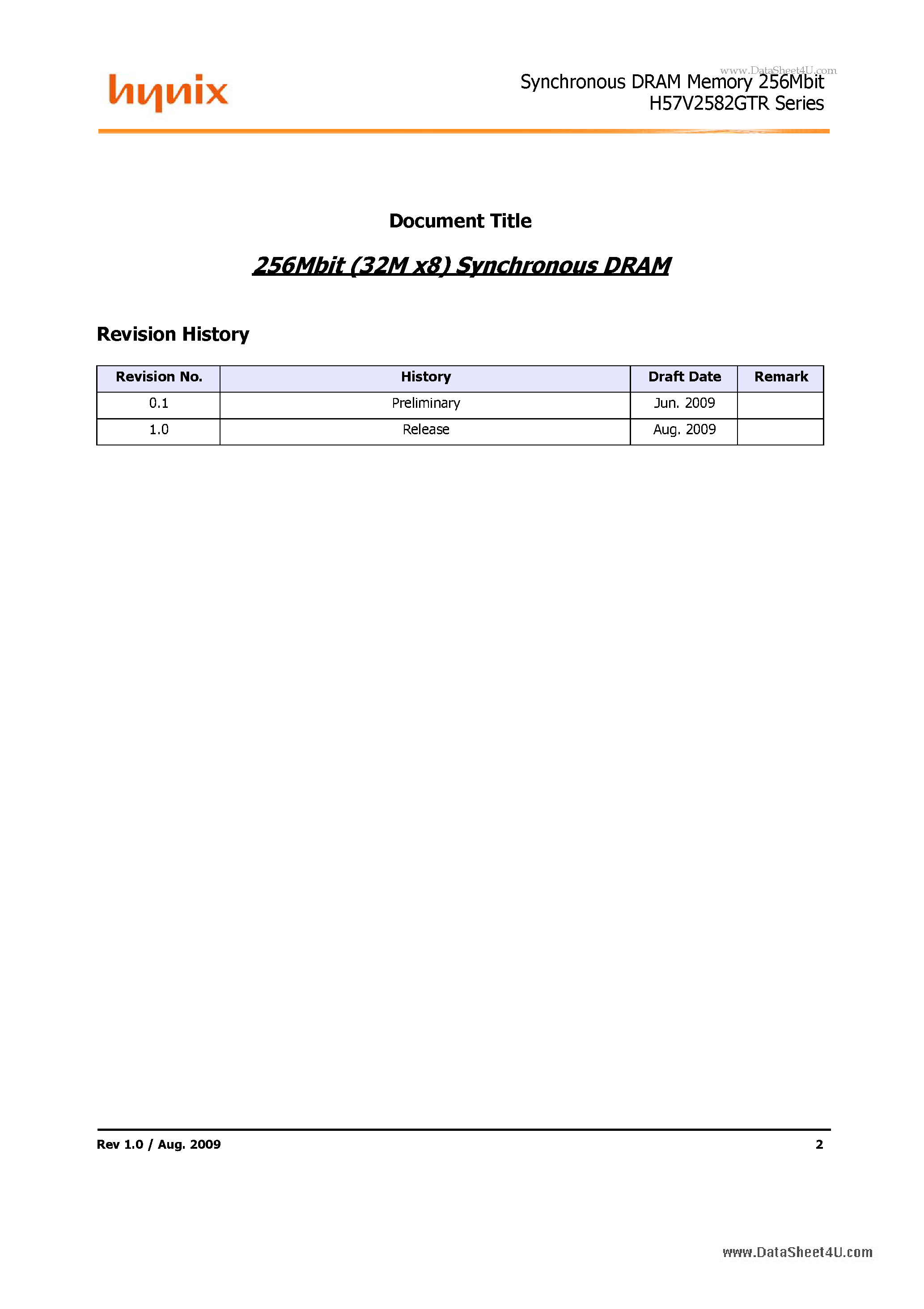 Datasheet H57V2582GTR page 2 Datasheet H57V2582GTR - 256Mb Synchronous DRAM based on 8M x 4Bank x8 I/O page 2