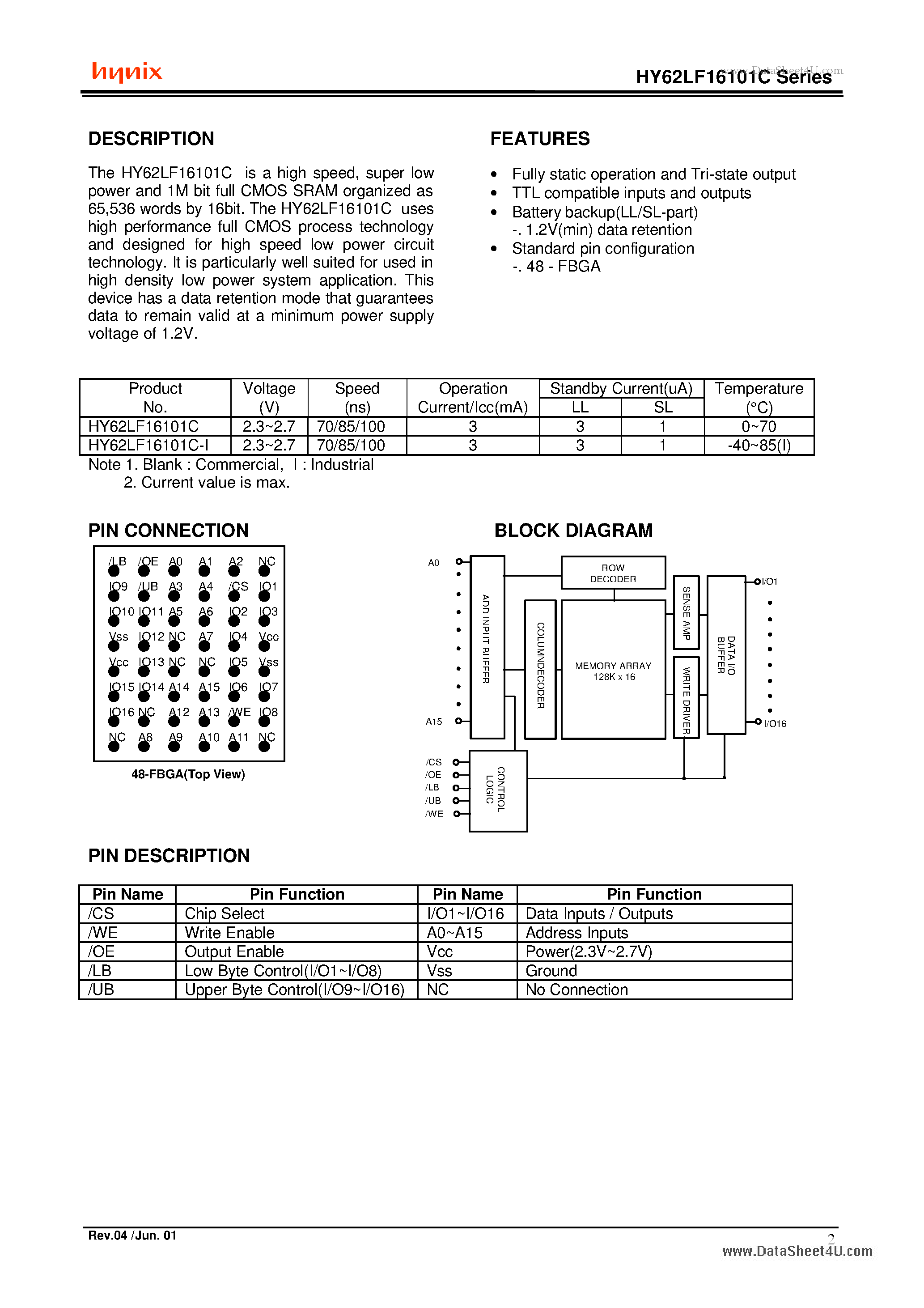 Даташит на микросхему HY62LF16101C страница 2 Даташит HY62LF16101C - 64K x 16bit Full CMOS SRAM страница 2