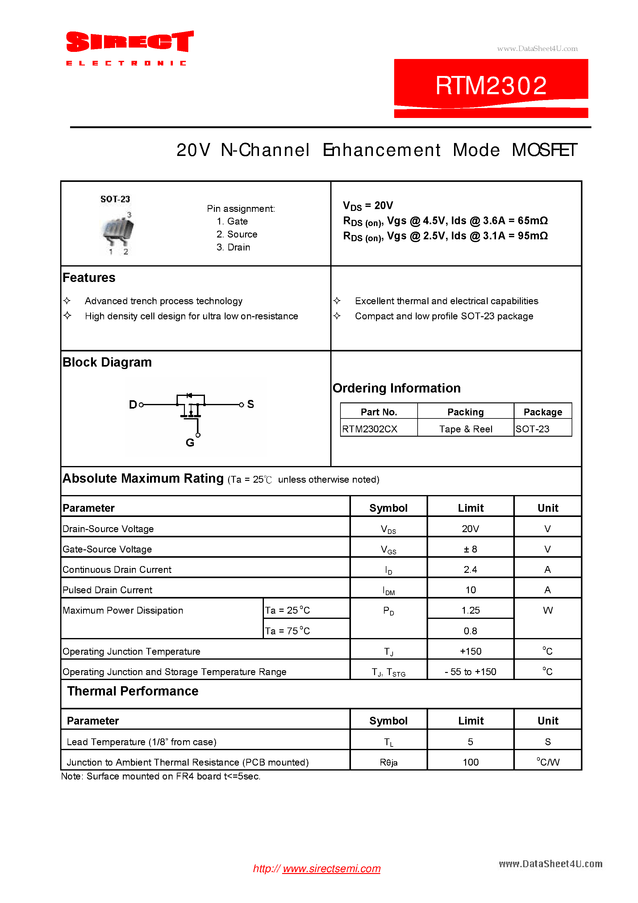 Datasheet RTM2302 page 1 Datasheet RTM2302 - 20V N-Channel Enhancement Mode MOSFET page 1