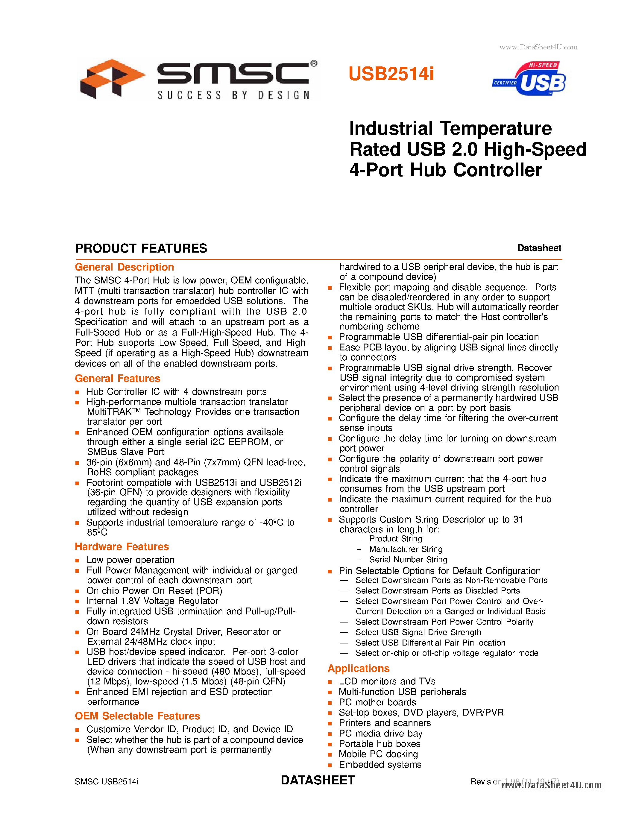 Datasheet USB2514I - USB 2.0 High-Speed 4-Port Hub Controller page 1