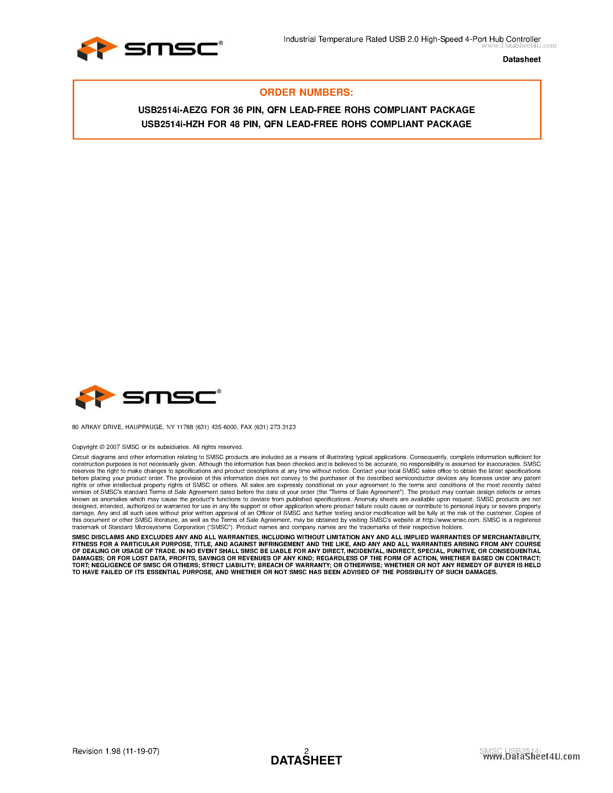 Datasheet USB2514I - USB 2.0 High-Speed 4-Port Hub Controller page 2