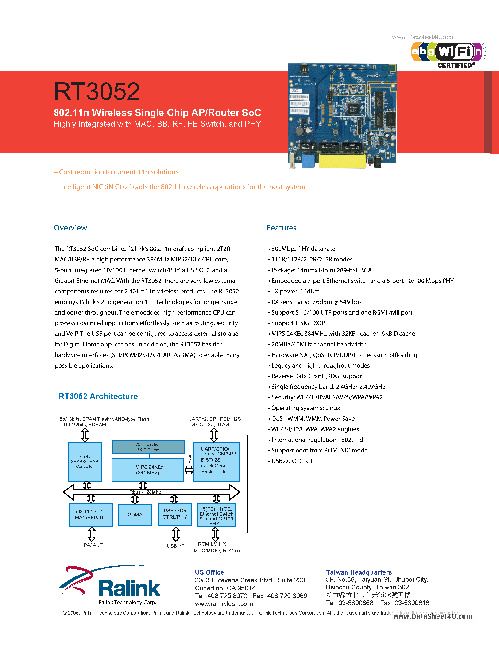 Даташит RT3052 - 802.11n Wireless Single Chip AP/Router SoC страница 1