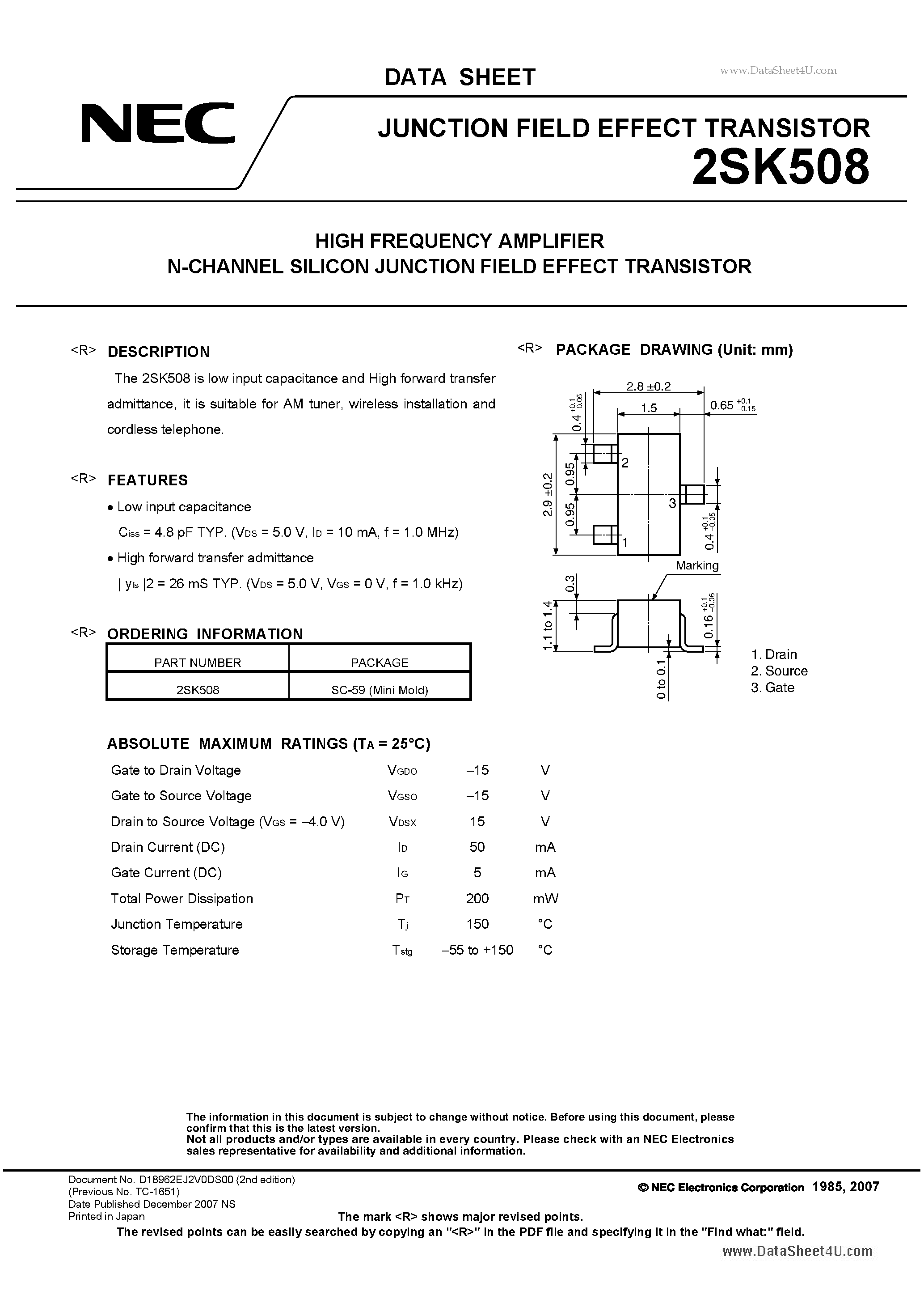 Datasheet 2SK508 - HIGH FREQUENCY AMPLIFIER -CHANNEL SILICON JUNCTION FIELD EFFECT TRANSISTOR page 1