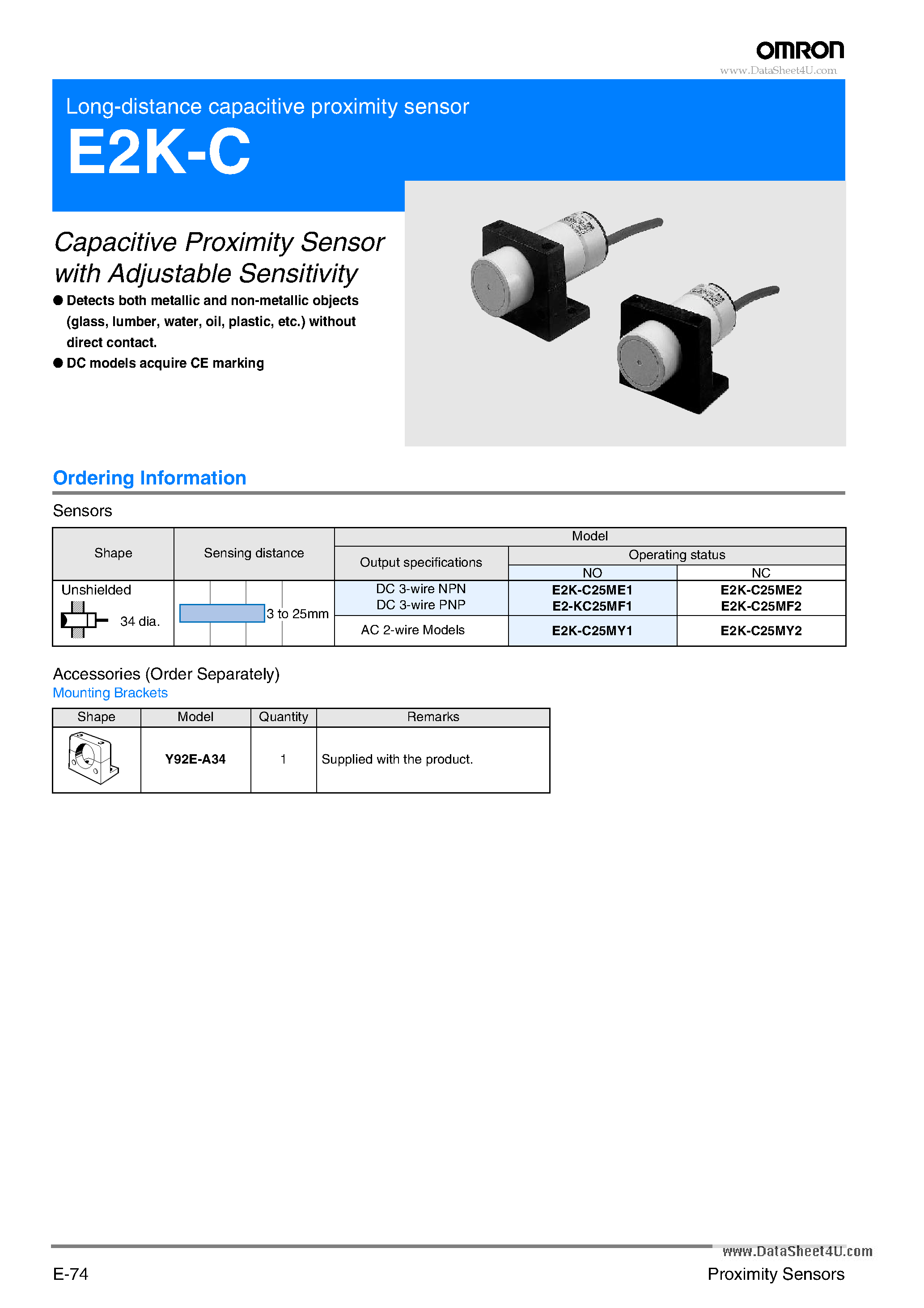 Datasheet E2K-C page 1 Datasheet E2K-C - Long-distance capacitive proximity sensor page 1
