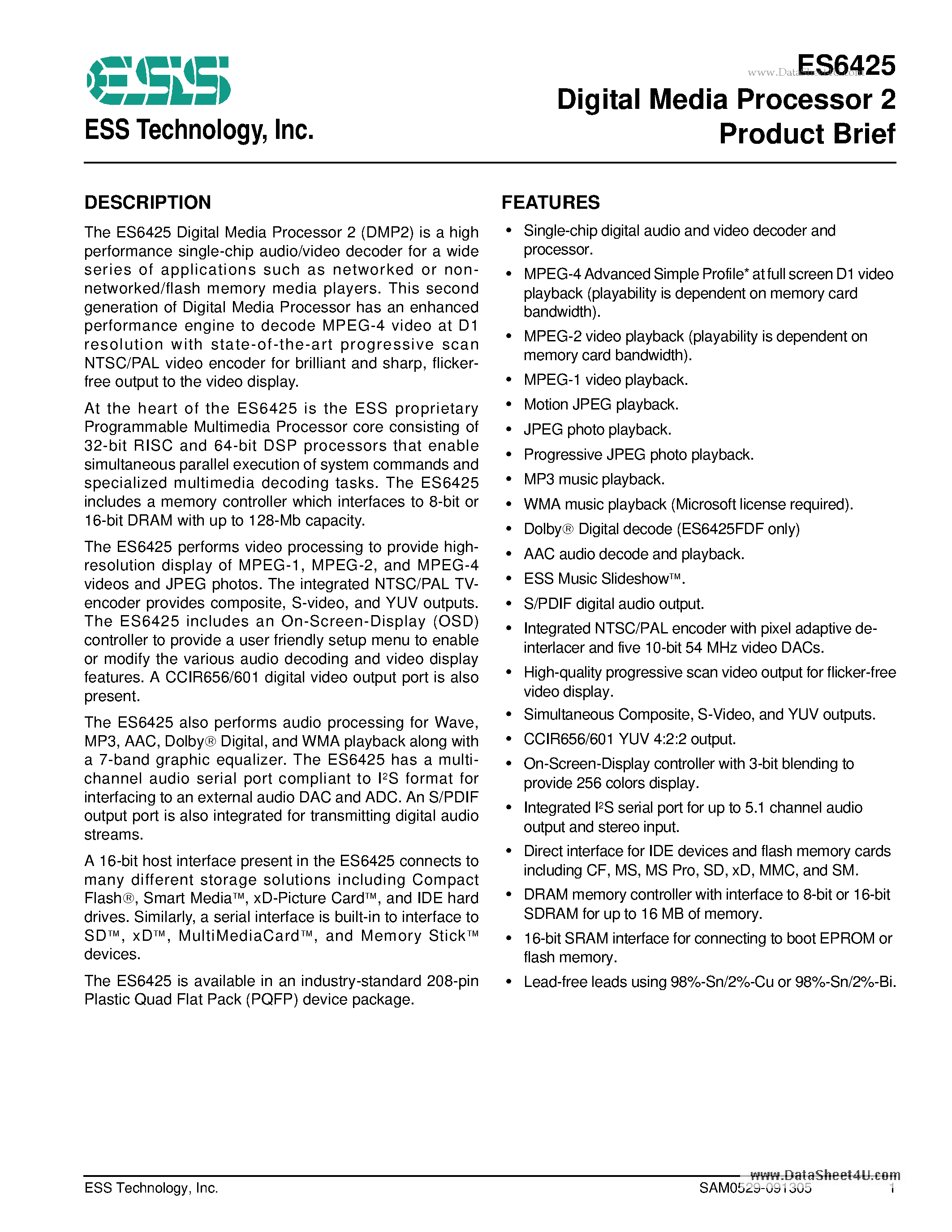 Даташит на микросхему ES6425 страница 1 Даташит ES6425 - Digital Media Processor 2 Product Brief страница 1