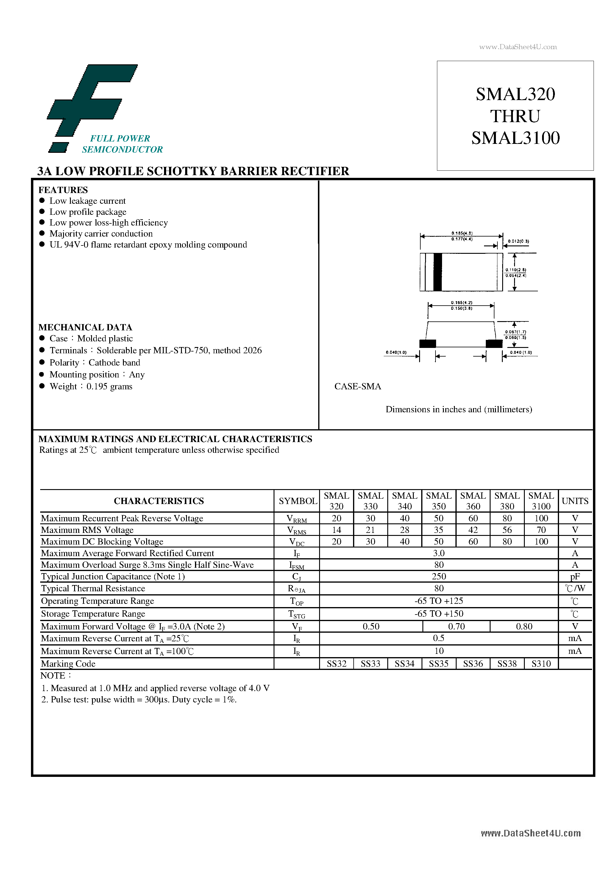 Datasheet SMAL3100 page 1 Datasheet SMAL3100 - (SMAL320 - SMAL3100) 3A LOW PROFILE SCHOTTKY BARRIER RECTIFIER page 1